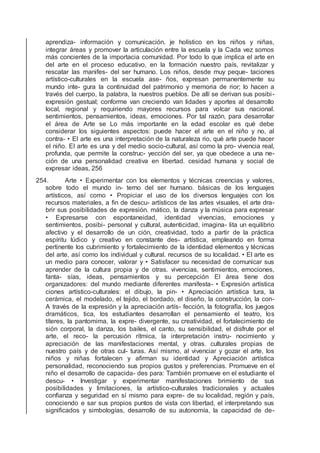aprendiza- información y comunicación. je holístico en los niños y niñas,
integrar áreas y promover la articulación entre la escuela y la Cada vez somos
más concientes de la importacia comunidad. Por todo lo que implica el arte en
del arte en el proceso educativo, en la formación nuestro país, revitalizar y
rescatar las manifes- del ser humano. Los niños, desde muy peque- taciones
artístico-culturales en la escuela ase- ños, expresan permanentemente su
mundo inte- gura la continuidad del patrimonio y memoria de rior; lo hacen a
través del cuerpo, la palabra, la nuestros pueblos. De allí se derivan sus posibi-
expresión gestual; conforme van creciendo van lidades y aportes al desarrollo
local, regional y requiriendo mayores recursos para volcar sus nacional.
sentimientos, pensamientos, ideas, emociones. Por tal razón, para desarrollar
el área de Arte se Lo más importante en la edad escolar es qué debe
considerar los siguientes aspectos: puede hacer el arte en el niño y no, al
contra- • El arte es una interpretación de la naturaleza rio, qué arte puede hacer
el niño. El arte es una y del medio socio-cultural, así como la pro- vivencia real,
profunda, que permite la construc- yección del ser, ya que obedece a una ne-
ción de una personalidad creativa en libertad. cesidad humana y social de
expresar ideas, 256
254. Arte • Experimentar con los elementos y técnicas creencias y valores,
sobre todo el mundo in- terno del ser humano. básicas de los lenguajes
artísticos, así como • Propiciar el uso de los diversos lenguajes con los
recursos materiales, a ﬁn de descu- artísticos de las artes visuales, el arte dra-
brir sus posibilidades de expresión. mático, la danza y la música para expresar
• Expresarse con espontaneidad, identidad vivencias, emociones y
sentimientos, posibi- personal y cultural, autenticidad, imagina- lita un equilibrio
afectivo y el desarrollo de un ción, creatividad, todo a partir de la práctica
espíritu lúdico y creativo en constante des- artística, empleando en forma
pertinente los cubrimiento y fortalecimiento de la identidad elementos y técnicas
del arte, así como los individual y cultural. recursos de su localidad. • El arte es
un medio para conocer, valorar y • Satisfacer su necesidad de comunicar sus
aprender de la cultura propia y de otras. vivencias, sentimientos, emociones,
fanta- sías, ideas, pensamientos y su percepción El área tiene dos
organizadores: del mundo mediante diferentes manifesta- • Expresión artística
ciones artístico-culturales: el dibujo, la pin- • Apreciación artística tura, la
cerámica, el modelado, el tejido, el bordado, el diseño, la construcción, la con-
A través de la expresión y la apreciación artís- fección, la fotografía, los juegos
dramáticos, tica, los estudiantes desarrollan el pensamiento el teatro, los
títeres, la pantomima, la expre- divergente, su creatividad, el fortalecimiento de
sión corporal, la danza, los bailes, el canto, su sensibilidad, el disfrute por el
arte, el reco- la percusión rítmica, la interpretación instru- nocimiento y
apreciación de las manifestaciones mental, y otras. culturales propias de
nuestro país y de otras cul- turas. Así mismo, al vivenciar y gozar el arte, los
niños y niñas fortalecen y aﬁrman su identidad y Apreciación artística
personalidad, reconociendo sus propios gustos y preferencias. Promueve en el
niño el desarrollo de capacida- des para: También promueve en el estudiante el
descu- • Investigar y experimentar manifestaciones brimiento de sus
posibilidades y limitaciones, la artístico-culturales tradicionales y actuales
conﬁanza y seguridad en sí mismo para expre- de su localidad, región y país,
conociendo e sar sus propios puntos de vista con libertad, el interpretando sus
signiﬁcados y simbologías, desarrollo de su autonomía, la capacidad de de-
 