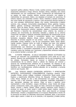 expresión gráﬁco plástica. Música: Canto, cuentos sonoros, juegos Representa
situaciones cotidianas o imagi- rítmicos. Sonidos, ritmos, melodías, can- narias
interactuando con sus compañeros: ciones. Construcción de instrumentos de
en juegos de roles, creando efectos sonoros percusión. con objetos e
instrumentos de percusión. Baila y se desplaza al compás de canciones, El
entorno natural y los ambientes construi- ritmos, melodías y danzas conocidas.
dos como fuente de percepción y aprecia- Crea secuencias rítmicas usando su
voz, ción: paisajes, ediﬁcaciones, plazas, cha- cuerpo, instrumentos y objetos
sonoros. cras, parques, monumentos arqueológicos; ferias, galerías, museos,
talleres, iglesias. Construye instrumentos de percusión con materiales del
entorno. Tipos de líneas, formas, colores, movi- mientos y sonidos presentes
en elementos Apreciación artística: naturales, objetos y creaciones artísticas
del Observa y describe las características visua- entorno. les, sonoras y
cinéticas (de movimiento) de elementos naturales y objetos de su entorno
Creaciones manuales y artísticas presentes expresando las sensaciones que le
produ- en el entorno familiar y comunitario: tejidos, cen. confecciones,
bordados; repujados, tallados; dibujo, pintura, cerámica, mates, retablos;
Describe el proceso seguido en sus produc- canto, música, danzas, bailes,
pasacalles; ciones artísticas y las de sus compañeros. teatro, clown, títeres,
cuenta cuentos. Expresa cómo se sintió al realizar una crea- ción artística
individual o participar en una colectiva. Describe los materiales y
procedimientos que intervienen en producciones manuales y artísticas del
entorno familiar o comunitario expresando lo que le gusta de ellas. Hace un
inventario sobre las distintas pro- ducciones y expresiones artísticas existentes
en su entorno familiar y comunal. 261
259. III PARTE PRIMARIA - III CICLO SEGUNDO GRADO ACTITUDES Se
interesa por descubrir sus posibilidades expresivas como parte de su auto-
aprecio. Aprecia sus posibilidades de expresión, las de sus compañeros y de
los artistas. Demuestra interés en conocer e identiﬁcar las diversas
características de su entorno natural y cultural. Se interesa por conocer y
apreciar las manifestaciones artísticas de su localidad. Se interesa en las
producciones de sus compañeros y de artistas locales, respetándolos. Se
identiﬁca con manifestaciones artístico-culturales de su localidad y comenta
sobre lo que le gusta. 262
260. Arte TERCER GRADO EXPRESIÓN ARTÍSTICA Y APRECIACIÓN
ARTÍSTICA CAPACIDADES CONOCIMIENTOS Expresión artística: Artes
visuales: Dibujo, pintura, collage, modelado, construcción. Mural, panel, cartel.
Explora y experimenta diferentes formas de Maqueta. Viñetas, historietas.
Línea, forma, trabajar en dos y tres dimensiones con papel, color, textura,
volumen. Dos y tres dimensio- material moldeable, materiales reutilizables y
nes, elementos naturales del entorno. Elige un tema y planiﬁca cómo
representarlo a Arte dramático: Juegos dramáticos, actua- través del dibujo,
pintura, construcción, teatro, ción, juegos de roles, animación de objetos títeres,
danza, canción. y títeres. Sketch. Gesto, postura, expresión vocal. Diseña y
produce en grupo un mural, panel o cartel (sobre papel, madera, cartulina,
pared) Danza: Expresión corporal y danza. Movi- para trasmitir un mensaje
determinado. mientos y desplazamientos en el espacio Representa a través de
la animación de títeres en diferentes direcciones (adelante, atrás, a una escena
sobre algún cuento o relato de su la derecha, a la izquierda) y niveles (arriba,
 