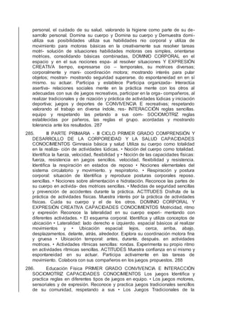 personal, el cuidado de su salud. valorando la higiene como parte de su de-
sarrollo personal. Domina su cuerpo y Domina su cuerpo y Demuestra domi-
utiliza sus posibilidades utiliza sus habilidades nio corporal y utiliza de
movimiento para motoras básicas en la creativamente sus resolver tareas
motri- solución de situaciones habilidades motoras ces simples, orientarse
motrices, consolidando básicas combinadas, DOMINIO CORPORAL en el
espacio y en el sus nociones espa- al resolver situaciones Y EXPRESIÓN
CREATIVA tiempo, expresarse cio – temporales, su motrices diversas;
corporalmente y mani- coordinación motora; mostrando interés para pular
objetos; mostran- mostrando seguridad superarse. do espontaneidad en en sí
mismo. su actuar. Participa y establece Participa organizada- Interactúa
asertiva- relaciones sociales mente en la práctica mente con los otros al
adecuadas con sus de juegos recreativos, participar en la orga- compañeros, al
realizar tradicionales y de nización y práctica de actividades lúdicas y iniciación
deportiva; juegos y deportes de CONVIVENCIA E recreativas; respetando
valorando el trabajo en diversa índole, res- INTERACCIÓN reglas sencillas.
equipo y respetando las petando a sus com- SOCIOMOTRIZ reglas
establecidas por pañeros, las reglas el grupo. acordadas y mostrando
tolerancia ante los resultados. 287
285. III PARTE PRIMARIA - III CICLO PRIMER GRADO COMPRENSIÓN Y
DESARROLLO DE LA CORPOREIDAD Y LA SALUD CAPACIDADES
CONOCIMIENTOS Gimnasia básica y salud Utiliza su cuerpo como totalidad
en la realiza- ción de actividades lúdicas. • Noción del cuerpo como totalidad.
Identiﬁca la fuerza, velocidad, ﬂexibilidad y • Noción de las capacidades físicas:
fuerza, resistencia en juegos sencillos. velocidad, ﬂexibilidad y resistencia.
Identiﬁca la respiración en estados de reposo • Nociones elementales del
sistema circulatorio y movimiento. y respiratorio. • Respiración y postura
corporal: situación de Identiﬁca y reproduce posturas corporales reposo.
sencillas. • Nociones sobre alimentación e hidratación. Reconoce las partes de
su cuerpo en activida- des motrices sencillas. • Medidas de seguridad sencillas
y prevención de accidentes durante la práctica. ACTITUDES Disfruta de la
práctica de actividades físicas. Muestra interés por la práctica de actividades
físicas. Cuida su cuerpo y el de los otros. DOMINIO CORPORAL Y
EXPRESIÓN CREATIVA CAPACIDADES CONOCIMIENTOS Motricidad, ritmo
y expresión Reconoce la lateralidad en su cuerpo experi- mentando con
diferentes actividades. • El esquema corporal. Identiﬁca y utiliza conceptos de
ubicación • Lateralidad: lado derecho e izquierdo. espacial básicos al realizar
movimientos y • Ubicación espacial: lejos, cerca, arriba, abajo,
desplazamentos. delante, atrás, alrededor. Explora su coordinación motora ﬁna
y gruesa • Ubicación temporal: antes, durante, después. en actividades
motrices. • Actividades rítmicas sencillas: rondas. Experimenta su propio ritmo
en actividades rítmicas sencillas. ACTITUDES Muestra conﬁanza en sí mismo y
espontaneidad en su actuar. Participa activamente en las tareas de
movimiento. Colabora con sus compañeros en los juegos propuestos. 288
286. Educación Física PRIMER GRADO CONVIVENCIA E INTERACCIÓN
SOCIOMOTRIZ CAPACIDADES CONOCIMIENTOS Los juegos Identiﬁca y
practica reglas en diferentes tipos de juegos en equipo. • Los juegos motores,
sensoriales y de expresión. Reconoce y practica juegos tradicionales sencillos
de su comunidad, respetando a sus • Los Juegos Tradicionales de la
 