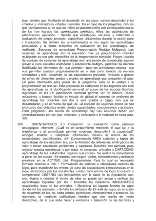 bus- teriales que facilitarán el desarrollo de las capa- camos desarrollar y los
criterios e indicadores cidades previstas. En el caso de los proyectos, con los
que veriﬁcaremos si es que los niños se pueden deﬁnir con participación activa
de los han logrado los aprendizajes previstos. niños las actividades de
planiﬁcación, ejecución • Decidir qué estrategias, recursos y materiales y
evaluación del propio proyecto. especíﬁcos utilizaremos durante la sesión para
• Evaluación. Se deﬁnen los procedimientos e ins- lograr los aprendizajes
propuestos y la forma trumentos de evaluación de los aprendizajes. de
veriﬁcarlo. Sesiones de aprendizaje Programación Modular Multigrado Las
sesiones de aprendizaje son la expresión más La programación modular
multigrado es una pro- especíﬁca de la programación curricular. Progra- puesta
de conjunto de sesiones de aprendizaje mar una sesión de aprendizaje supone
prever o para escuelas unidocente y polidocente multigra- planiﬁcar de manera
dosiﬁcada los elementos do, que permiten hacer las previsiones necesa- que
nos permitan avanzar progresivamente en el rias para atender de manera
simultánea y dife- desarrollo de las capacidades previstas. renciada a grupos
de niños de diferentes grados y niveles de aprendizaje que comparten el aula.
Un paso intermedio para pasar de la programa- ción de la unidad a la
programación de una se- Esta propuesta es elaborada en las regiones con sión
de aprendizaje es la planiﬁcación semanal. el apoyo de los equipos técnicos
regionales en las Un planiﬁcador semanal permite ver de manera Redes
educativas, y buscan facilitar el trabajo de global el conjunto de sesiones de
aprendizaje los docentes con dos a seis grados a cargo, con que se
desarrollarán, y en el marco de qué uni- un conjunto de sesiones donde se han
priorizado dad didáctica están. ciertas capacidades, conocimientos y actitudes.
Para programar una sesión de aprendizaje hay Las sesiones deben ser
contextualizadas por los que: docentes, y adecuarse a la realidad de cada aula.
308
306. ORIENTACIONES 3.3 Evaluación La evaluación como proceso
pedagógico inherente ¿Cuál es el conocimiento mediante el cual se a la
enseñanza y al aprendizaje permite observar, desarrollará la capacidad?
recoger, analizar e interpretar información relevan- te acerca de las
necesidades, posibilidades, diﬁ- Comunicación ÁREA cultades y logros de
aprendizaje de los estudian- tes, con la ﬁnalidad de reﬂexionar, emitir juicios de
valor y tomar decisiones pertinentes y oportunas Describe con claridad, para
mejorar nuestra enseñanza, y por ende, el personas, animales y CAPACIDAD
aprendizaje de los estudiantes. lugares que conoce. Se evalúa la competencia
a partir de las capaci- Se expresa con seguri- dades, conocimientos y actitudes
previstos en la ACTITUD dad. Programación. Para lo cual es necesario
formular criterios e indi- • Formulación de criterios e indicadores cadores de
logro, para establecer los niveles de para las capacidades seleccionadas en la
logro alcanzados por los estudiantes. unidad. Indicadores de logro Expresión y
comprensión CRITERIO Los indicadores son la clave de la evaluación cua-
oral. litativa y criterial. A través de ellos se puede ob- servar y veriﬁcar los
aprendizajes logrados por los • Describe las caracterís- INDICADORES
estudiantes. ticas de los animales. • Menciona los lugares Niveles de logro
donde vió los animales. • Señala los atributos de El nivel de logro, es el grado
de desarrollo de las ca- cada animal. pacidades, conocimientos y actitudes. Se
represen- ta mediante caliﬁcativos literales que dan cuenta de modo
descriptivo, de lo que sabe hacer y evidencia • Selección de las técnicas y
 