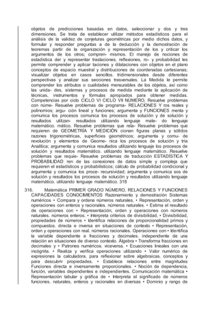objetos de predicciones basadas en datos, seleccionar y dos y tres
dimensiones. Se trata de establecer utilizar métodos estadísticos para el
análisis de la validez de conjeturas geométricas por medio dichos datos, y
formular y responder preguntas a de la deducción y la demostración de
teoremas partir de la organización y representación de los y criticar los
argumentos de los otros; compren- mismos. El manejo de nociones de
estadística der y representar traslaciones, reﬂexiones, ro- y probabilidad les
permite comprender y aplicar taciones y dilataciones con objetos en el plano
conceptos de espacio muestral y distribuciones de coordenadas cartesianas;
visualizar objetos en casos sencillos. tridimensionales desde diferentes
perspectivas y analizar sus secciones trasversales. La Medida le permite
comprender los atributos o cualidades mensurables de los objetos, así como
las unida- des, sistemas y procesos de medida mediante la aplicación de
técnicas, instrumentos y fórmulas apropiados para obtener medidas.
Competencias por ciclo CICLO VI CICLO VII NÚMERO, Resuelve problemas
con núme- Resuelve problemas de programa- RELACIONES Y ros reales y
polinomios; argu- ción lineal y funciones; argumenta y FUNCIONES menta y
comunica los procesos comunica los procesos de solución y de solución y
resultados utilizan- resultados utilizando lenguaje mate- do lenguaje
matemático. mático. Resuelve problemas que rela- Resuelve problemas que
requieren de GEOMETRÍA Y MEDICIÓN cionan ﬁguras planas y sólidos
razones trigonométricas, superﬁcies geométricos; argumenta y comu- de
revolución y elementos de Geome- nica los procesos de solución y tría
Analítica; argumenta y comunica resultados utilizando lenguaje los procesos de
solución y resultados matemático. utilizando lenguaje matemático. Resuelve
problemas que requie- Resuelve problemas de traducción ESTADÍSTICA Y
PROBABILIDAD ren de las conexiones de datos simple y compleja que
requieren el estadísticos y probabilísticos; cálculo de probabilidad condicional y
argumenta y comunica los proce- recursividad; argumenta y comunica sos de
solución y resultados los procesos de solución y resultados utilizando lenguaje
matemático. utilizando lenguaje matemático. 318
316. Matemática PRIMER GRADO NÚMERO, RELACIONES Y FUNCIONES
CAPACIDADES CONOCIMIENTOS Razonamiento y demostración Sistemas
numéricos • Compara y ordena números naturales, • Representación, orden y
operaciones con enteros y racionales. números naturales. • Estima el resultado
de operaciones con • Representación, orden y operaciones con números
naturales. números enteros. • Interpreta criterios de divisibilidad. • Divisibilidad,
propiedades de números • Identiﬁca relaciones de proporcionalidad primos y
compuestos. directa e inversa en situaciones de contexto • Representación,
orden y operaciones con real. números racionales. Operaciones con • Identiﬁca
la variable dependiente e fracciones y decimales. independiente de una
relación en situaciones de diverso contexto. Álgebra • Transforma fracciones en
decimales y • Patrones numéricos. viceversa. • Ecuaciones lineales con una
incógnita. • Realiza y veriﬁca operaciones utilizando • Valor numérico de
expresiones la calculadora, para reﬂexionar sobre algebraicas. conceptos y
para descubrir propiedades. • Establece relaciones entre magnitudes
Funciones directa e inversamente proporcionales. • Noción de dependencia,
función, variables dependientes e independientes. Comunicación matemática •
Representación tabular y gráﬁca de • Interpreta el signiﬁcado de números
funciones. naturales, enteros y racionales en diversas • Dominio y rango de
 