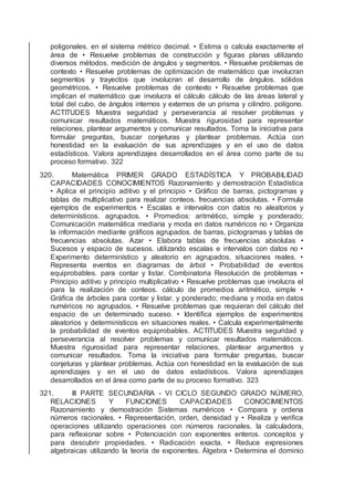 poligonales. en el sistema métrico decimal. • Estima o calcula exactamente el
área de • Resuelve problemas de construcción y ﬁguras planas utilizando
diversos métodos. medición de ángulos y segmentos. • Resuelve problemas de
contexto • Resuelve problemas de optimización de matemático que involucran
segmentos y trayectos que involucran el desarrollo de ángulos. sólidos
geométricos. • Resuelve problemas de contexto • Resuelve problemas que
implican el matemático que involucra el cálculo cálculo de las áreas lateral y
total del cubo, de ángulos internos y externos de un prisma y cilindro. polígono.
ACTITUDES Muestra seguridad y perseverancia al resolver problemas y
comunicar resultados matemáticos. Muestra rigurosidad para representar
relaciones, plantear argumentos y comunicar resultados. Toma la iniciativa para
formular preguntas, buscar conjeturas y plantear problemas. Actúa con
honestidad en la evaluación de sus aprendizajes y en el uso de datos
estadísticos. Valora aprendizajes desarrollados en el área como parte de su
proceso formativo. 322
320. Matemática PRIMER GRADO ESTADÍSTICA Y PROBABILIDAD
CAPACIDADES CONOCIMIENTOS Razonamiento y demostración Estadística
• Aplica el principio aditivo y el principio • Gráﬁco de barras, pictogramas y
tablas de multiplicativo para realizar conteos. frecuencias absolutas. • Formula
ejemplos de experimentos • Escalas e intervalos con datos no aleatorios y
determinísticos. agrupados. • Promedios: aritmético, simple y ponderado;
Comunicación matemática mediana y moda en datos numéricos no • Organiza
la información mediante gráﬁcos agrupados. de barras, pictogramas y tablas de
frecuencias absolutas. Azar • Elabora tablas de frecuencias absolutas •
Sucesos y espacio de sucesos. utilizando escalas e intervalos con datos no •
Experimento determinístico y aleatorio en agrupados. situaciones reales. •
Representa eventos en diagramas de árbol • Probabilidad de eventos
equiprobables. para contar y listar. Combinatoria Resolución de problemas •
Principio aditivo y principio multiplicativo • Resuelve problemas que involucra el
para la realización de conteos. cálculo de promedios aritmético, simple •
Gráﬁca de árboles para contar y listar. y ponderado; mediana y moda en datos
numéricos no agrupados. • Resuelve problemas que requieran del cálculo del
espacio de un determinado suceso. • Identiﬁca ejemplos de experimentos
aleatorios y determinísticos en situaciones reales. • Calcula experimentalmente
la probabilidad de eventos equiprobables. ACTITUDES Muestra seguridad y
perseverancia al resolver problemas y comunicar resultados matemáticos.
Muestra rigurosidad para representar relaciones, plantear argumentos y
comunicar resultados. Toma la iniciativa para formular preguntas, buscar
conjeturas y plantear problemas. Actúa con honestidad en la evaluación de sus
aprendizajes y en el uso de datos estadísticos. Valora aprendizajes
desarrollados en el área como parte de su proceso formativo. 323
321. III PARTE SECUNDARIA - VI CICLO SEGUNDO GRADO NÚMERO,
RELACIONES Y FUNCIONES CAPACIDADES CONOCIMIENTOS
Razonamiento y demostración Sistemas numéricos • Compara y ordena
números racionales. • Representación, orden, densidad y • Realiza y veriﬁca
operaciones utilizando operaciones con números racionales. la calculadora,
para reﬂexionar sobre • Potenciación con exponentes enteros. conceptos y
para descubrir propiedades. • Radicación exacta. • Reduce expresiones
algebraicas utilizando la teoría de exponentes. Álgebra • Determina el dominio
 