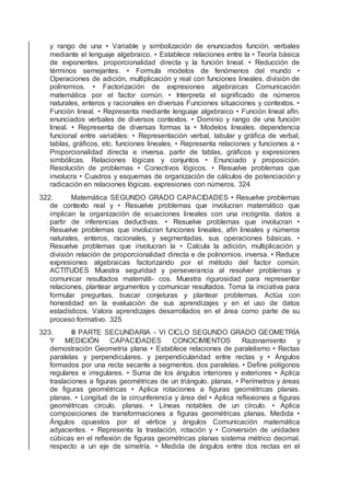 y rango de una • Variable y simbolización de enunciados función. verbales
mediante el lenguaje algebraico. • Establece relaciones entre la • Teoría básica
de exponentes. proporcionalidad directa y la función lineal. • Reducción de
términos semejantes. • Formula modelos de fenómenos del mundo •
Operaciones de adición, multiplicación y real con funciones lineales. división de
polinomios. • Factorización de expresiones algebraicas Comunicación
matemática por el factor común. • Interpreta el signiﬁcado de números
naturales, enteros y racionales en diversas Funciones situaciones y contextos. •
Función lineal. • Representa mediante lenguaje algebraico • Función lineal afín.
enunciados verbales de diversos contextos. • Dominio y rango de una función
lineal. • Representa de diversas formas la • Modelos lineales. dependencia
funcional entre variables: • Representación verbal, tabular y gráﬁca de verbal,
tablas, gráﬁcos, etc. funciones lineales. • Representa relaciones y funciones a •
Proporcionalidad directa e inversa. partir de tablas, gráﬁcos y expresiones
simbólicas. Relaciones lógicas y conjuntos • Enunciado y proposición.
Resolución de problemas • Conectivos lógicos. • Resuelve problemas que
involucra • Cuadros y esquemas de organización de cálculos de potenciación y
radicación en relaciones lógicas. expresiones con números. 324
322. Matemática SEGUNDO GRADO CAPACIDADES • Resuelve problemas
de contexto real y • Resuelve problemas que involucran matemático que
implican la organización de ecuaciones lineales con una incógnita. datos a
partir de inferencias deductivas. • Resuelve problemas que involucran •
Resuelve problemas que involucran funciones lineales, afín lineales y números
naturales, enteros, racionales, y segmentadas. sus operaciones básicas. •
Resuelve problemas que involucran la • Calcula la adición, multiplicación y
división relación de proporcionalidad directa e de polinomios. inversa. • Reduce
expresiones algebraicas factorizando por el método del factor común.
ACTITUDES Muestra seguridad y perseverancia al resolver problemas y
comunicar resultados matemáti- cos. Muestra rigurosidad para representar
relaciones, plantear argumentos y comunicar resultados. Toma la iniciativa para
formular preguntas, buscar conjeturas y plantear problemas. Actúa con
honestidad en la evaluación de sus aprendizajes y en el uso de datos
estadísticos. Valora aprendizajes desarrollados en el área como parte de su
proceso formativo. 325
323. III PARTE SECUNDARIA - VI CICLO SEGUNDO GRADO GEOMETRÍA
Y MEDICIÓN CAPACIDADES CONOCIMIENTOS Razonamiento y
demostración Geometría plana • Establece relaciones de paralelismo • Rectas
paralelas y perpendiculares. y perpendicularidad entre rectas y • Ángulos
formados por una recta secante a segmentos. dos paralelas. • Deﬁne polígonos
regulares e irregulares. • Suma de los ángulos interiores y exteriores • Aplica
traslaciones a ﬁguras geométricas de un triángulo. planas. • Perímetros y áreas
de ﬁguras geométricas • Aplica rotaciones a ﬁguras geométricas planas.
planas. • Longitud de la circunferencia y área del • Aplica reﬂexiones a ﬁguras
geométricas círculo. planas. • Líneas notables de un círculo. • Aplica
composiciones de transformaciones a ﬁguras geométricas planas. Medida •
Ángulos opuestos por el vértice y ángulos Comunicación matemática
adyacentes. • Representa la traslación, rotación y • Conversión de unidades
cúbicas en el reﬂexión de ﬁguras geométricas planas sistema métrico decimal.
respecto a un eje de simetría. • Medida de ángulos entre dos rectas en el
 