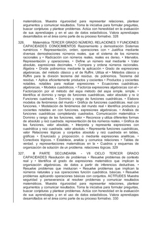 matemáticos. Muestra rigurosidad para representar relaciones, plantear
argumentos y comunicar resultados. Toma la iniciativa para formular preguntas,
buscar conjeturas y plantear problemas. Actúa con honestidad en la evaluación
de sus aprendizajes y en el uso de datos estadísticos. Valora aprendizajes
desarrollados en el área como parte de su proceso formativo. 328
326. Matemática TERCER GRADO NÚMERO, RELACIONES Y FUNCIONES
CAPACIDADES CONOCIMIENTOS Razonamiento y demostración Sistemas
numéricos • Representación, orden, operaciones con • Justiﬁca mediante
diversas demostraciones números reales. que el sistema de los números
racionales y • Radicación con números reales. reales es denso. • Intervalos.
Representación y operaciones. • Deﬁne un número real mediante • Valor
absoluto. expresiones decimales. • Compara y ordena números racionales.
Álgebra • Divide polinomios mediante la aplicación • Grado de expresiones
algebraicas. del método clásico y el de Rufﬁni. Utiliza el • Métodos clásico y
Rufﬁni para la división teorema del residuo. de polinomios. Teorema del
residuo. • Aplica eﬁcientemente productos y cocientes • Productos y cocientes
notables. notables para realizar expresiones • Ecuaciones cuadráticas.
algebraicas. • Modelos cuadráticos. • Factoriza expresiones algebraicas con el •
Factorización por el método del aspa método del aspa simple. simple. •
Identiﬁca el dominio y rango de funciones cuadráticas, valor absoluto y ra íz
Funciones cuadrada. • Dominio y rango de funciones cuadráticas. • Elabora
modelos de fenómenos del mundo • Gráﬁca de funciones cuadráticas. real con
funciones. • Modelación de fenómenos del mundo real • Identiﬁca productos y
cocientes notables en con funciones. expresiones algebraicas. • Análisis de
funciones cuadráticas completando cuadrados. Comunicación matemática •
Dominio y rango de las funciones, valor • Reconoce y utiliza diferentes formas
de absoluto y raíz cuadrada. representación de los números reales. • Gráﬁca de
las funciones, valor absoluto, • Interpreta y representa expresiones con
cuadrática y raíz cuadrada. valor absoluto. • Representa funciones cuadráticas,
valor Relaciones lógicas y conjuntos absoluto y raíz cuadrada en tablas,
gráﬁcas • Enunciado y proposición. o mediante expresiones analíticas. •
Conectivos lógicos. • Establece, analiza y comunica relaciones • Tablas de
verdad. y representaciones matemáticas en la • Cuadros y esquemas de
organización de solución de un problema. relaciones lógicas. 329
327. III PARTE SECUNDARIA - VII CICLO TERCER GRADO
CAPACIDADES Resolución de problemas • Resuelve problemas de contexto
real y • Identiﬁca el grado de expresiones matemático que implican la
organización algebraicas. de datos a partir de inferencias deductivas. •
Resuelve problemas que involucran • Resuelve problemas que implican la
números naturales y sus operaciones función cuadrática. básicas. • Resuelve
problemas aplicando operaciones básicas con conjuntos. ACTITUDES Muestra
seguridad y perseverancia al resolver problemas y comunicar resultados
matemáticos. Muestra rigurosidad para representar relaciones, plantear
argumentos y comunicar resultados. Toma la iniciativa para formular preguntas,
buscar conjeturas y plantear problemas. Actúa con honestidad en la evaluación
de sus aprendizajes y en el uso de datos estadísticos. Valora aprendizajes
desarrollados en el área como parte de su proceso formativo. 330
 