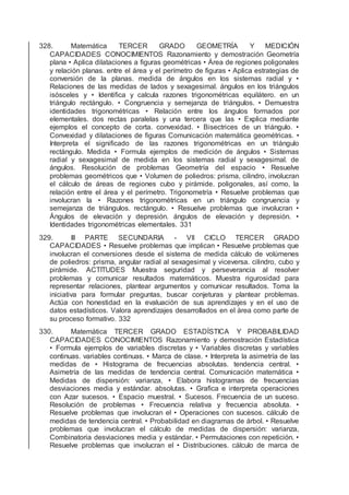 328. Matemática TERCER GRADO GEOMETRÍA Y MEDICIÓN
CAPACIDADES CONOCIMIENTOS Razonamiento y demostración Geometría
plana • Aplica dilataciones a ﬁguras geométricas • Área de regiones poligonales
y relación planas. entre el área y el perímetro de ﬁguras • Aplica estrategias de
conversión de la planas. medida de ángulos en los sistemas radial y •
Relaciones de las medidas de lados y sexagesimal. ángulos en los triángulos
isósceles y • Identiﬁca y calcula razones trigonométricas equilátero. en un
triángulo rectángulo. • Congruencia y semejanza de triángulos. • Demuestra
identidades trigonométricas • Relación entre los ángulos formados por
elementales. dos rectas paralelas y una tercera que las • Explica mediante
ejemplos el concepto de corta. convexidad. • Bisectrices de un triángulo. •
Convexidad y dilataciones de ﬁguras Comunicación matemática geométricas. •
Interpreta el signiﬁcado de las razones trigonométricas en un triángulo
rectángulo. Medida • Formula ejemplos de medición de ángulos • Sistemas
radial y sexagesimal de medida en los sistemas radial y sexagesimal. de
ángulos. Resolución de problemas Geometría del espacio • Resuelve
problemas geométricos que • Volumen de poliedros: prisma, cilindro, involucran
el cálculo de áreas de regiones cubo y pirámide. poligonales, así como, la
relación entre el área y el perímetro. Trigonometría • Resuelve problemas que
involucran la • Razones trigonométricas en un triángulo congruencia y
semejanza de triángulos. rectángulo. • Resuelve problemas que involucran •
Ángulos de elevación y depresión. ángulos de elevación y depresión. •
Identidades trigonométricas elementales. 331
329. III PARTE SECUNDARIA - VII CICLO TERCER GRADO
CAPACIDADES • Resuelve problemas que implican • Resuelve problemas que
involucran el conversiones desde el sistema de medida cálculo de volúmenes
de poliedros: prisma, angular radial al sexagesimal y viceversa. cilindro, cubo y
pirámide. ACTITUDES Muestra seguridad y perseverancia al resolver
problemas y comunicar resultados matemáticos. Muestra rigurosidad para
representar relaciones, plantear argumentos y comunicar resultados. Toma la
iniciativa para formular preguntas, buscar conjeturas y plantear problemas.
Actúa con honestidad en la evaluación de sus aprendizajes y en el uso de
datos estadísticos. Valora aprendizajes desarrollados en el área como parte de
su proceso formativo. 332
330. Matemática TERCER GRADO ESTADÍSTICA Y PROBABILIDAD
CAPACIDADES CONOCIMIENTOS Razonamiento y demostración Estadística
• Formula ejemplos de variables discretas y • Variables discretas y variables
continuas. variables continuas. • Marca de clase. • Interpreta la asimetría de las
medidas de • Histograma de frecuencias absolutas. tendencia central. •
Asimetría de las medidas de tendencia central. Comunicación matemática •
Medidas de dispersión: varianza, • Elabora histogramas de frecuencias
desviaciones media y estándar. absolutas. • Graﬁca e interpreta operaciones
con Azar sucesos. • Espacio muestral. • Sucesos. Frecuencia de un suceso.
Resolución de problemas • Frecuencia relativa y frecuencia absoluta. •
Resuelve problemas que involucran el • Operaciones con sucesos. cálculo de
medidas de tendencia central. • Probabilidad en diagramas de árbol. • Resuelve
problemas que involucran el cálculo de medidas de dispersión: varianza,
Combinatoria desviaciones media y estándar. • Permutaciones con repetición. •
Resuelve problemas que involucran el • Distribuciones. cálculo de marca de
 