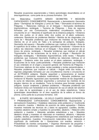 Resuelve ecuaciones exponenciales y Valora aprendizajes desarrollados en el
área logarítmicas. como parte de su proceso formativo. 334
332. Matemática CUARTO GRADO GEOMETRÍA Y MEDICIÓN
CAPACIDADES CONOCIMIENTOS Razonamiento y demostración Geometría
plana • Semejanza de triángulos y Lema de Tales. • Demuestra el teorema de
Pitágoras. • Relaciones métricas en el triángulo • Demuestra identidades
trigonométricas. rectángulo. • Teorema de Pitágoras. • Área de regiones
formadas por una Comunicación matemática circunferencia inscrita o
circunscrita en un • Interpreta el signiﬁcado de la distancia polígono. • Distancia
entre dos puntos en el plano entre dos puntos en el plano cartesiano.
cartesiano. Resolución de problemas Medida • Medida de las diagonales y la
suma de • Resuelve problemas que involucran las medidas de los ángulos
internos de un el Lema de Tales y la semejanza de polígono. triángulos.
Geometría del espacio • Resuelve problemas que implican el cálculo • Área de
la superﬁcie de la esfera. de elementos geométricos mediante • Volumen de la
esfera. las relaciones métricas en el triángulo • Área lateral y volumen de un
tronco de prisma. rectángulo. • Resuelve problemas que implican el cálculo
Trigonometría de las ecuaciones de la recta y el ángulo • Resolución de
triángulos rectángulos. • Identidades trigonométricas. entre rectas. • Resuelve
problemas que involucran Geometría Analítica las relaciones métricas en el
triángulo • Distancia entre dos puntos en el plano cartesiano. rectángulo. •
Ecuaciones de la recta: punto-pendiente, • Resuelve problemas que involucran
el uso ordenada en el origen y ecuación general. del Teorema de Pitágoras. •
Posiciones relativas de dos rectas: rectas paralelas y rectas perpendiculares. •
Resuelve problemas que implican el cálculo • Ángulo entre dos rectas. de
regiones poligonales formadas por una circunferencia inscrita o circunscrita en
un ACTITUDES polígono. Muestra seguridad y perseverancia al resolver
problemas y comunicar resultados matemáticos. • Resuelve problemas que
involucran la Muestra rigurosidad para representar medida de las diagonales y
la suma de relaciones, plantear argumentos y comunicar las medidas de los
ángulos internos de un resultados. Toma la iniciativa para formular preguntas,
polígono. buscar conjeturas y plantear problemas. • Resuelve problemas que
involucran Actúa con honestidad en la evaluación de sus el cálculo del volumen
y el área de la aprendizajes y en el uso de datos estadísticos. Valora
aprendizajes desarrollados en el área superﬁcie de la esfera un tronco de
prisma. como parte de su proceso formativo. 335
333. III PARTE SECUNDARIA - VII CICLO CUARTO GRADO ESTADÍSTICA
Y PROBABILIDAD CAPACIDADES CONOCIMIENTOS Razonamiento y
demostración Estadística • Establece relaciones entre población y • Coeﬁciente
de variación. muestra. • Medidas de posición de datos agrupados • Elabora
muestras mediante las técnicas de y datos no agrupados: cuartiles, deciles,
muestreo aleatorio simple y muestreo no percentiles. aleatorio. • Relación entre
población y muestra. • Interpreta variables estadísticas y sus • Muestreo
aleatorio simple y muestreo no relaciones en muestreos. aleatorio. • Interpreta
cuartiles, deciles, percentiles en • Investigaciones estadísticas que impliquen un
estudio estadístico. muestreo. Comunicación matemática Azar • Interpreta el
signiﬁcado de coeﬁciente de • Operaciones con eventos. variación. •
Probabilidad de eventos compuestos. • Organiza información de pequeñas •
Probabilidad condicional. investigaciones estadísticas que impliquen •
 