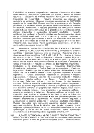 Probabilidad de eventos independientes. muestreo. • Matematiza situaciones
reales utilizando Combinatoria operaciones con eventos. • Noción de proceso
recursivo. • Deducción de fórmulas recursivas. Resolución de problemas •
Ecuaciones de recursividad. • Resuelve problemas que requieran del
coeﬁciente de variación. • Resuelve problemas que requieran de ACTITUDES
ecuaciones de recursividad. Muestra seguridad y perseverancia al • Resuelve
problemas que involucran resolver problemas y comunicar resultados procesos
de recursión. matemáticos. • Resuelve problemas que involucran el Muestra
rigurosidad para representar cálculo de la probabilidad de eventos relaciones,
plantear argumentos y compuestos. comunicar resultados. • Resuelve
problemas que involucran el Toma la iniciativa para formular preguntas, cálculo
de probabilidad condicional. buscar conjeturas y plantear problemas. •
Resuelve problemas que involucran el Actúa con honestidad en la evaluación
cálculo de la probabilidad de eventos de sus aprendizajes y en el uso de datos
independientes. estadísticos. Valora aprendizajes desarrollados en el área
como parte de su proceso formativo. 336
334. Matemática QUINTO GRADO NÚMERO, RELACIONES Y FUNCIONES
CAPACIDADES CONOCIMIENTOS Razonamiento y demostración Sistemas
numéricos • Establece relaciones entre los sistemas • Relaciones entre los
sistemas numéricos: numéricos: N, Z, Q y R. N, Z, Q y R. • Interpreta la relación
de pertenencia de un número a determinado sistema numérico. Álgebra •
Interpreta la relación entre una función y su • Método gráﬁco y método de
Gauss para la inversa. resolución de sistemas de ecuaciones. • Establece la
validez o veracidad de • Inecuaciones lineales de dos incógnitas. argumentos. •
Introducción a la programación lineal. • Ecuaciones trigonométricas.
Comunicación matemática • Graﬁca funciones exponenciales y Funciones:
logarítmicas. • Función inyectiva, suryectiva y biyectiva. • Representa la función
inversa de una • Función inversa. función algebraica elemental. • Función
logarítmica. • Función exponencial. Resolución de problemas • Modelos
exponenciales. • Resuelve sistemas de ecuaciones mediante • Modelos
logarítmicos. métodos gráﬁcos y de Gauss. • Resuelve problemas de
inecuaciones Relaciones lógicas y conjuntos lineales de dos incógnitas
mediante • Tablas de verdad de proposiciones métodos gráﬁcos. compuestas. •
Resuelve ecuaciones trigonométricas. • Cuadros y esquemas de organización
de • Resuelve problemas de programación relaciones lógicas. lineal con dos
variables mediante métodos • Los argumentos y su estructura. gráﬁcos. •
Argumentos deductivos e inductivos. • Resuelve problemas de contexto real y
matemático que implican la organización de datos a partir de inferencias
deductivas y/o el uso de cuantiﬁcadores. • Resuelve problemas que involucran
modelos exponenciales y logarítmicos. ACTITUDES Muestra seguridad y
perseverancia al resolver problemas y comunicar resultados matemáticos.
Muestra rigurosidad para representar relaciones, plantear argumentos y
comunicar resultados. Toma la iniciativa para formular preguntas, buscar
conjeturas y plantear problemas. Actúa con honestidad en la evaluación de sus
aprendizajes y en el uso de datos estadísticos. Valora aprendizajes
desarrollados en el área como parte de su proceso formativo. 337
335. III PARTE SECUNDARIA - VII CICLO QUINTO GRADO GEOMETRÍA Y
MEDICIÓN CAPACIDADES CONOCIMIENTOS Razonamiento y demostración
Geometría plana • Centro de gravedad de ﬁguras planas. • Deduce fórmulas
 