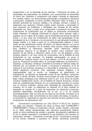 programación y en el desarrollo de las sesiones - Producción de textos. de
aprendizaje, las capacidades, las actitudes y los conocimientos se desarrollan
en forma arti- Expresión y comprensión oral culada. Consiste en expresarse
con claridad, ﬂuidez, Los conocimientos gramaticales y ortográﬁcos coherencia
y persuasión, empleando en forma permiten reﬂexionar sobre la lengua y se
abordan pertinente los recursos verbales y no verbales. siempre y cuando su
explicación sea necesaria También implica saber escuchar y comprender el
para solucionar los problemas y diﬁcultades que mensaje de los demás,
respetando sus ideas y surjan en la comprensión o producción de textos. las
convenciones de participación que se utilizan en situaciones comunicativas
orales interperso- El lenguaje audiovisual se aborda como respues- nales y
grupales. ta a la cultura de la imagen, que ha modiﬁcado las formas de relación
social, y al uso, cada vez Comprensión de textos más generalizado de las
tecnologías de la in- formación y la comunicación, lo cual demanda Consiste en
otorgar sentido a un texto a partir de un comportamiento reﬂexivo y crítico
sobre sus las experiencias previas del lector y su relación efectos y su uso en
beneﬁcio de la comunidad. con el contexto. Este proceso incluye estrategias
para identiﬁcar la información relevante, hacer inferencias, obtener
conclusiones, enjuiciar la La literatura se revalora como expresión máxi-
posición de los demás y reﬂexionar sobre el pro- ma del lenguaje y como
producto estético y cul- ceso mismo de comprensión, con la ﬁnalidad de tural
fundamental en una sociedad. Su ﬁnalidad autorregularlo. es poner al
estudiante en contacto directo con el texto literario, con el ﬁn de estimular el
goce es- Producción de textos tético, la curiosidad intelectual y la formación hu-
manística. La literatura contribuye a fomentar la Consiste en elaborar textos de
diferente tipo con práctica de la lectura, a enriquecer la expresión, el ﬁn de
expresar lo que sentimos, pensamos o a desarrollar la creatividad, así como la
actitud deseamos comunicar. Esta capacidad involucra dialógica y la
responsabilidad ante lo escrito. La estrategias de planiﬁcación, de
textualización, de literatura se desarrolla a partir de las manifesta- corrección,
revisión y edición del texto. También ciones propias de cada comunidad hasta
llegar incluye estrategias para reﬂexionar sobre lo pro- a las obras de ámbito
universal, estableciendo ducido, con la ﬁnalidad de mejorar el proceso. vínculos
entre las manifestaciones literarias de Los conocimientos previstos en el área
son un diversos contextos. soporte para desarrollar las capacidades comu-
nicativas; por lo tanto, su tratamiento se realizará En el área, también se
desarrolla un conjunto de a partir de situaciones de interacción comunicati-
actitudes relacionadas principalmente con el res- va y no de manera
descontextualizada. Sólo con peto por las ideas de los demás, el cuidado en el
ﬁnes pedagógicos, tales conocimientos se han empleo del código, el respeto a
la diversidad lin- organizado en discurso oral, técnicas de lectu- güística y a las
convenciones de participación. 342
340. Comunicación Competencias por ciclo CICLO VI CICLO VII • Expresa
sus ideas con claridad • Expresa sus ideas en forma orga- EXPRESIÓN Y
COMPRENSIÓN y ﬂuidez en situaciones comuni- nizada, original y elocuente
en si- ORAL cativas interpersonales, utili- tuaciones comunicativas interper-
zando en forma pertinente las sonales y grupales, demostrando cualidades de
la voz, el registro seguridad y consistencia en sus lingüístico y los recursos no
argumentos. verbales. • Comprende el mensaje de los • Comprende el mensaje
de los demás, refutando o apoyando crí- demás, asumiendo posiciones
 