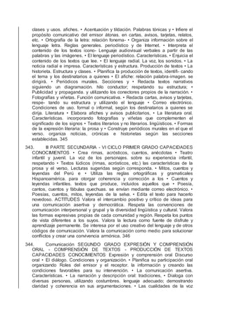 clases y usos. aﬁches. • Acentuación y tildación. Palabras tónicas y • Inﬁere el
propósito comunicativo del emisor átonas. en cartas, avisos, tarjetas, relatos,
etc. • Ortografía de la letra: relación fonema- • Organiza información sobre el
lenguaje letra. Reglas generales. periodístico y de Internet. • Interpreta el
contenido de los textos icono- Lenguaje audiovisual verbales a partir de las
palabras y las imágenes. • El lenguaje periodístico. Características. • Enjuicia el
contenido de los textos que lee. • El lenguaje radial. La voz, los sonidos. • La
noticia radial e impresa. Características y estructura. Producción de textos • La
historieta. Estructura y clases. • Planiﬁca la producción de textos, identiﬁ- cando
el tema y los destinatarios a quienes • El aﬁche: relación palabra-imagen. se
dirigirá. • Periódicos murales. Secciones y • Redacta textos narrativos
siguiendo un diagramación. hilo conductor; respetando su estructura; •
Publicidad y propaganda. y utilizando los conectores propios de la narración. •
Fotografías y viñetas. Función comunicativa. • Redacta cartas, avisos y tarjetas,
respe- tando su estructura y utilizando el lenguaje • Correo electrónico.
Condiciones de uso. formal o informal, según los destinatarios a quienes se
dirija. Literatura • Elabora aﬁches y avisos publicitarios, • La literatura oral.
Características. incorporando fotografías y viñetas que complementen el
signiﬁcado de los signos • Textos literarios y no literarios. lingüísticos. • Formas
de la expresión literaria: la prosa y • Construye periódicos murales en el que el
verso. organiza noticias, crónicas e historietas según las secciones
establecidas. 345
343. III PARTE SECUNDARIA - VI CICLO PRIMER GRADO CAPACIDADES
CONOCIMIENTOS • Crea rimas, acrósticos, cuentos, anécdotas • Teatro
infantil y juvenil. La voz de los personajes. sobre su experiencia infantil,
respetando • Textos lúdicos (rimas, acrósticos, etc.) las características de la
prosa y el verso, Lecturas sugeridas según corresponda. • Mitos, cuentos y
leyendas del Perú e • Utiliza las reglas ortográﬁcas y gramaticales
Hispanoamérica. para otorgar coherencia y corrección a los • Cuentos y
leyendas infantiles. textos que produce, incluidos aquellos que • Poesía,
cantos, cuentos y fábulas quechuas. se envían mediante correo electrónico. •
Poesías, cuentos, mitos, leyendas de la selva. • Edita el texto para hacerlo
novedoso. ACTITUDES Valora el intercambio positivo y crítico de ideas para
una comunicación asertiva y democrática. Respeta las convenciones de
comunicación interpersonal y grupal y la diversidad lingüística y cultural. Valora
las formas expresivas propias de cada comunidad y región. Respeta los puntos
de vista diferentes a los suyos. Valora la lectura como fuente de disfrute y
aprendizaje permanente. Se interesa por el uso creativo del lenguaje y de otros
códigos de comunicación. Valora la comunicación como medio para solucionar
conﬂictos y crear una convivencia armónica. 346
344. Comunicación SEGUNDO GRADO EXPRESIÓN Y COMPRENSIÓN
ORAL - COMPRENSIÓN DE TEXTOS - PRODUCCIÓN DE TEXTOS
CAPACIDADES CONOCIMIENTOS Expresión y comprensión oral Discurso
oral • El diálogo. Condiciones y organización. • Planiﬁca su participación oral
organizando Roles del emisor y el receptor. la información y creando las
condiciones favorables para su intervención. • La comunicación asertiva.
Características. • La narración y descripción oral: tradiciones, • Dialoga con
diversas personas, utilizando costumbres. lenguaje adecuado; demostrando
claridad y coherencia en sus argumentaciones. • Las cualidades de la voz
 