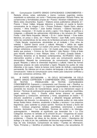 352. Comunicación CUARTO GRADO CAPACIDADES CONOCIMIENTOS •
Redacta oﬁcios, actas, solicitudes y memo- Lecturas sugeridas randos,
respetando su estructura, así como • Tradiciones peruanas / Ricardo Palma. las
convenciones y formalidades propias de • Poesía / Abraham Valdelomar y José
María estos documentos. Eguren. • Elabora avisos publicitarios utilizando el •
Poesía / César Vallejo. lenguaje televisivo y teniendo en cuenta la función
comunicativa de la imagen y los • Prosas Profanas / Rubén Darío. efectos
sonoros. • Alma América / José Santos Chocano. • Elabora fascículos y
revistas, incorporan- • El mundo es ancho y ajeno / Ciro Alegría. do gráﬁcos e
imágenes, y utilizando las aplicaciones informáticas y los recursos de • Yawar
Fiesta / José María Arguedas. Internet. • El río / Javier Heraud. • Crea textos
literarios, en prosa o verso, así • Pedro Páramo / Juan Rulfo. como ensayos
sobre las características de las obras de la literatura peruana e hispa- • Poesía
/ Pablo Neruda. noamericana, ubicándolas en el contexto • Cien años de
soledad / Gabriel García social y cultural. Márquez. • Utiliza las reglas
ortográﬁcas y gramaticales • La ciudad y los perros / Mario Vargas Llosa. para
otorgar coherencia y corrección a los • Un mundo para Julius / Alfredo Bryce.
textos que produce. • Crónica de San Gabriel / Julio Ramón • Edita el texto
para hacerlo atractivo y nove- Ribeyro. doso. • El túnel / Ernesto Sábato. •
Presencia femenina en la literatura contemporánea. ACTITUDES Valora el
intercambio positivo y crítico de ideas para una comunicación asertiva y
democrática. Respeta las convenciones de comunicación interpersonal y
grupal. Respeta y valora la diversidad lingüística y cultural. Valora las formas
expresivas propias de cada comunidad y región. Respeta los puntos de vista
diferentes a los suyos. Valora la lectura como fuente de disfrute y aprendizaje
permanente. Se interesa por el uso creativo del lenguaje y de otros códigos de
comunicación. Valora la comunicación como medio para solucionar conﬂictos y
crear una convivencia armónica. 355
353. III PARTE SECUNDARIA -- VII CICLO SECUNDARIA VII CICLO
QUINTO GRADO EXPRESIÓN Y COMPRENSIÓN ORAL - COMPRENSIÓN
DE TEXTOS - PRODUCCIÓN DE TEXTOS CAPACIDADES
CONOCIMIENTOS Expresión y comprensión oral Discurso oral • Planiﬁca su
participación oral, organizando • La exposición argumentativa. la información y
previendo los recursos de Características. apoyo a su intervención según la
técnica • Técnicas de participación grupal grupal en la que participe. (asamblea,
panel, seminario, foro). • Diserta sobre temas diversos en paneles,
Organización y conducción. seminarios y foros; apoyándose en bases • El
discurso académico y político. teóricas; y utilizando lenguaje pertinente. •
Cualidades del discurso. La elocuencia, la • Argumenta puntos de vista sobre
temas ﬂuidez léxica. diversos, acudiendo a fuentes y recursos • Los prejuicios
lingüísticos. para sustentar su propia opinión. Técnicas de lectura y teoría del
texto • Conduce programas radiales, asambleas, ceremonias o eventos
masivos, demostran- • La metalectura. Técnicas de control y do liderazgo.
autorregulación. • Interpreta el signiﬁcado que transmiten los • La Cruz
Categorial. recursos no verbales en la emisión de pro- • Diagramas de causa-
efecto: La espina de gramas radiales diversos. pescado y el árbol de
problemas. • Enjuicia las ideas de los demás, así como • Importancia del
epílogo y la nota al pie. las cualidades del discurso argumentativo. • Memorial,
hoja de vida. Estructura. Comprensión de textos • Fuentes de información.
Tipos. Primarias y • Identiﬁca el problema, las hipótesis y las secundarias. El
 