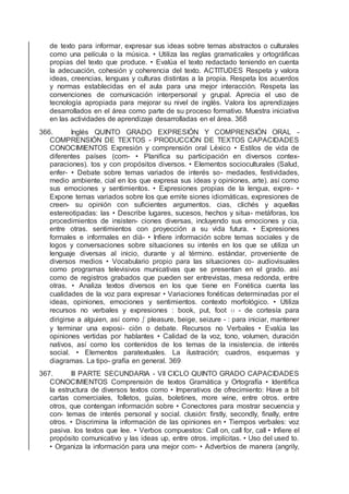 de texto para informar, expresar sus ideas sobre temas abstractos o culturales
como una película o la música. • Utiliza las reglas gramaticales y ortográﬁcas
propias del texto que produce. • Evalúa el texto redactado teniendo en cuenta
la adecuación, cohesión y coherencia del texto. ACTITUDES Respeta y valora
ideas, creencias, lenguas y culturas distintas a la propia. Respeta los acuerdos
y normas establecidas en el aula para una mejor interacción. Respeta las
convenciones de comunicación interpersonal y grupal. Aprecia el uso de
tecnología apropiada para mejorar su nivel de inglés. Valora los aprendizajes
desarrollados en el área como parte de su proceso formativo. Muestra iniciativa
en las actividades de aprendizaje desarrolladas en el área. 368
366. Inglés QUINTO GRADO EXPRESIÓN Y COMPRENSIÓN ORAL -
COMPRENSIÓN DE TEXTOS - PRODUCCIÓN DE TEXTOS CAPACIDADES
CONOCIMIENTOS Expresión y comprensión oral Léxico • Estilos de vida de
diferentes países (com- • Planiﬁca su participación en diversos contex-
paraciones). tos y con propósitos diversos. • Elementos socioculturales (Salud,
enfer- • Debate sobre temas variados de interés so- medades, festividades,
medio ambiente, cial en los que expresa sus ideas y opiniones, arte). así como
sus emociones y sentimientos. • Expresiones propias de la lengua, expre- •
Expone temas variados sobre los que emite siones idiomáticas, expresiones de
creen- su opinión con suﬁcientes argumentos. cias, clichés y aquellas
estereotipadas: las • Describe lugares, sucesos, hechos y situa- metáforas, los
procedimientos de insisten- ciones diversas, incluyendo sus emociones y cia,
entre otras. sentimientos con proyección a su vida futura. • Expresiones
formales e informales en diá- • Inﬁere información sobre temas sociales y de
logos y conversaciones sobre situaciones su interés en los que se utiliza un
lenguaje diversas al inicio, durante y al término. estándar, proveniente de
diversos medios • Vocabulario propio para las situaciones co- audiovisuales
como programas televisivos municativas que se presentan en el grado. así
como de registros grabados que pueden ser entrevistas, mesa redonda, entre
otras. • Analiza textos diversos en los que tiene en Fonética cuenta las
cualidades de la voz para expresar • Variaciones fonéticas determinadas por el
ideas, opiniones, emociones y sentimientos. contexto morfológico. • Utiliza
recursos no verbales y expresiones : book, put, foot ʊ - de cortesía para
dirigirse a alguien, así como ʃ pleasure, beige, seizure - : para iniciar, mantener
y terminar una exposi- ción o debate. Recursos no Verbales • Evalúa las
opiniones vertidas por hablantes • Calidad de la voz, tono, volumen, duración
nativos, así como los contenidos de los temas de la insistencia. de interés
social. • Elementos paratextuales. La ilustración; cuadros, esquemas y
diagramas. La tipo- grafía en general. 369
367. III PARTE SECUNDARIA - VII CICLO QUINTO GRADO CAPACIDADES
CONOCIMIENTOS Comprensión de textos Gramática y Ortografía • Identiﬁca
la estructura de diversos textos como • Imperativos de ofrecimiento: Have a bit
cartas comerciales, folletos, guías, boletines, more wine, entre otros. entre
otros, que contengan información sobre • Conectores para mostrar secuencia y
con- temas de interés personal y social. clusión: ﬁrstly, secondly, ﬁnally, entre
otros. • Discrimina la información de las opiniones en • Tiempos verbales: voz
pasiva. los textos que lee. • Verbos compuestos: Call on, call for, call • Inﬁere el
propósito comunicativo y las ideas up, entre otros. implícitas. • Uso del used to.
• Organiza la información para una mejor com- • Adverbios de manera (angrily,
 