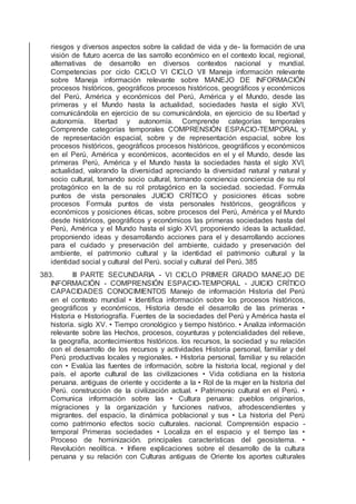 riesgos y diversos aspectos sobre la calidad de vida y de- la formación de una
visión de futuro acerca de las sarrollo económico en el contexto local, regional,
alternativas de desarrollo en diversos contextos nacional y mundial.
Competencias por ciclo CICLO VI CICLO VII Maneja información relevante
sobre Maneja información relevante sobre MANEJO DE INFORMACIÓN
procesos históricos, geográﬁcos procesos históricos, geográﬁcos y económicos
del Perú, América y económicos del Perú, América y el Mundo, desde las
primeras y el Mundo hasta la actualidad, sociedades hasta el siglo XVI,
comunicándola en ejercicio de su comunicándola, en ejercicio de su libertad y
autonomía. libertad y autonomía. Comprende categorías temporales
Comprende categorías temporales COMPRENSIÓN ESPACIO-TEMPORAL y
de representación espacial, sobre y de representación espacial, sobre los
procesos históricos, geográﬁcos procesos históricos, geográﬁcos y económicos
en el Perú, América y económicos, acontecidos en el y el Mundo, desde las
primeras Perú, América y el Mundo hasta la sociedades hasta el siglo XVI,
actualidad, valorando la diversidad apreciando la diversidad natural y natural y
socio cultural, tomando socio cultural, tomando conciencia conciencia de su rol
protagónico en la de su rol protagónico en la sociedad. sociedad. Formula
puntos de vista personales JUICIO CRÍTICO y posiciones éticas sobre
procesos Formula puntos de vista personales históricos, geográﬁcos y
económicos y posiciones éticas, sobre procesos del Perú, América y el Mundo
desde históricos, geográﬁcos y económicos las primeras sociedades hasta del
Perú, América y el Mundo hasta el siglo XVI, proponiendo ideas la actualidad,
proponiendo ideas y desarrollando acciones para el y desarrollando acciones
para el cuidado y preservación del ambiente, cuidado y preservación del
ambiente, el patrimonio cultural y la identidad el patrimonio cultural y la
identidad social y cultural del Perú. social y cultural del Perú. 385
383. III PARTE SECUNDARIA - VI CICLO PRIMER GRADO MANEJO DE
INFORMACIÓN - COMPRENSIÓN ESPACIO-TEMPORAL - JUICIO CRÍTICO
CAPACIDADES CONOCIMIENTOS Manejo de información Historia del Perú
en el contexto mundial • Identiﬁca información sobre los procesos históricos,
geográﬁcos y económicos, Historia desde el desarrollo de las primeras •
Historia e Historiografía. Fuentes de la sociedades del Perú y América hasta el
historia. siglo XV. • Tiempo cronológico y tiempo histórico. • Analiza información
relevante sobre las Hechos, procesos, coyunturas y potencialidades del relieve,
la geografía, acontecimientos históricos. los recursos, la sociedad y su relación
con el desarrollo de los recursos y actividades Historia personal, familiar y del
Perú productivas locales y regionales. • Historia personal, familiar y su relación
con • Evalúa las fuentes de información, sobre la historia local, regional y del
país. el aporte cultural de las civilizaciones • Vida cotidiana en la historia
peruana. antiguas de oriente y occidente a la • Rol de la mujer en la historia del
Perú. construcción de la civilización actual. • Patrimonio cultural en el Perú. •
Comunica información sobre las • Cultura peruana: pueblos originarios,
migraciones y la organización y funciones nativos, afrodescendientes y
migrantes. del espacio, la dinámica poblacional y sus • La historia del Perú
como patrimonio efectos socio culturales. nacional. Comprensión espacio -
temporal Primeras sociedades • Localiza en el espacio y el tiempo las •
Proceso de hominización. principales características del geosistema. •
Revolución neolítica. • Inﬁere explicaciones sobre el desarrollo de la cultura
peruana y su relación con Culturas antiguas de Oriente los aportes culturales
 