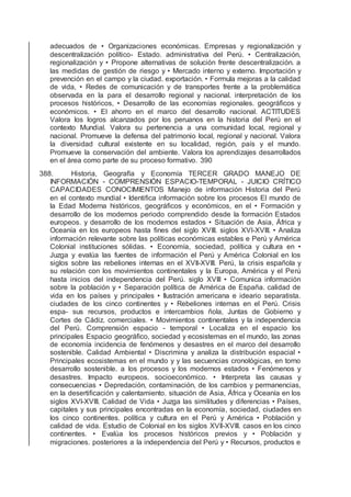 adecuados de • Organizaciones económicas. Empresas y regionalización y
descentralización político- Estado. administrativa del Perú. • Centralización,
regionalización y • Propone alternativas de solución frente descentralización. a
las medidas de gestión de riesgo y • Mercado interno y externo. Importación y
prevención en el campo y la ciudad. exportación. • Formula mejoras a la calidad
de vida, • Redes de comunicación y de transportes frente a la problemática
observada en la para el desarrollo regional y nacional. interpretación de los
procesos históricos, • Desarrollo de las economías regionales. geográﬁcos y
económicos. • El ahorro en el marco del desarrollo nacional. ACTITUDES
Valora los logros alcanzados por los peruanos en la historia del Perú en el
contexto Mundial. Valora su pertenencia a una comunidad local, regional y
nacional. Promueve la defensa del patrimonio local, regional y nacional. Valora
la diversidad cultural existente en su localidad, región, país y el mundo.
Promueve la conservación del ambiente. Valora los aprendizajes desarrollados
en el área como parte de su proceso formativo. 390
388. Historia, Geografía y Economía TERCER GRADO MANEJO DE
INFORMACIÓN - COMPRENSIÓN ESPACIO-TEMPORAL - JUICIO CRÍTICO
CAPACIDADES CONOCIMIENTOS Manejo de información Historia del Perú
en el contexto mundial • Identiﬁca información sobre los procesos El mundo de
la Edad Moderna históricos, geográﬁcos y económicos, en el • Formación y
desarrollo de los modernos periodo comprendido desde la formación Estados
europeos. y desarrollo de los modernos estados • Situación de Asia, África y
Oceanía en los europeos hasta ﬁnes del siglo XVIII. siglos XVI-XVIII. • Analiza
información relevante sobre las políticas económicas estables e Perú y América
Colonial instituciones sólidas. • Economía, sociedad, política y cultura en •
Juzga y evalúa las fuentes de información el Perú y América Colonial en los
siglos sobre las rebeliones internas en el XVII-XVIII. Perú, la crisis española y
su relación con los movimientos continentales y la Europa, América y el Perú
hasta inicios del independencia del Perú. siglo XVIII • Comunica información
sobre la población y • Separación política de América de España. calidad de
vida en los países y principales • Ilustración americana e ideario separatista.
ciudades de los cinco continentes y • Rebeliones internas en el Perú. Crisis
espa- sus recursos, productos e intercambios ñola, Juntas de Gobierno y
Cortes de Cádiz. comerciales. • Movimientos continentales y la independencia
del Perú. Comprensión espacio - temporal • Localiza en el espacio los
principales Espacio geográﬁco, sociedad y ecosistemas en el mundo, las zonas
de economía incidencia de fenómenos y desastres en el marco del desarrollo
sostenible. Calidad Ambiental • Discrimina y analiza la distribución espacial •
Principales ecosistemas en el mundo y y las secuencias cronológicas, en torno
desarrollo sostenible. a los procesos y los modernos estados • Fenómenos y
desastres. Impacto europeos. socioeconómico. • Interpreta las causas y
consecuencias • Depredación, contaminación, de los cambios y permanencias,
en la desertiﬁcación y calentamiento. situación de Asia, África y Oceanía en los
siglos XVI-XVIII. Calidad de Vida • Juzga las similitudes y diferencias • Países,
capitales y sus principales encontradas en la economía, sociedad, ciudades en
los cinco continentes. política y cultura en el Perú y América • Población y
calidad de vida. Estudio de Colonial en los siglos XVII-XVIII. casos en los cinco
continentes. • Evalúa los procesos históricos previos y • Población y
migraciones. posteriores a la independencia del Perú y • Recursos, productos e
 