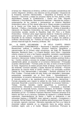 el tiempo las • Relaciones en América, conﬂicto e principales características del
cambio integración. climático y las relaciona con los principales • Ocupación de
la Amazonía. acuerdos internacionales. • Geopolítica en América del Sur.
Situación • Discrimina y analiza los procesos interna de Perú, Bolivia y Chile.
desarrollados durante la Confederación • Guerra con Chile. Segundo
militarismo y Perú-Boliviana. Reconstrucción Nacional. • Interpreta las causas y
consecuencias de los cambios y permanencias en América República
Aristocrática Latina y el Perú desde antes de la • Bases sociales y económicas
de la Guerra con Chile hasta la Reconstrucción República Aristocrática.
Nacional. • Política y movimientos sociales durante la • Analiza el desarrollo e
interacción de República Aristocrática. las bases sociales, económicas y los
movimientos sociales durante la República Siglo XX: Perú y el Mundo
Aristocrática. • América Latina según regiones desde la • Evalúa los cambios y
permanencias pre- primera mitad del siglo XX: migración, sentados en el
desarrollo de las revolucio- movilización social, arte y cultura. nes políticas y
conﬂictos internacionales de • Partidos de masas e ideologías en el Perú, la
primera mitad del siglo XX. América y el Mundo. 393
391. III PARTE SECUNDARIA - VII CICLO CUARTO GRADO
CAPACIDADES CONOCIMIENTOS • Representa e interpreta gráﬁcamente •
Revoluciones políticas y conﬂictos procesos históricos, geográﬁcos y
internacionales de la Primera mitad económicos. del Siglo XX: Revolución
Mexicana, Revolución Rusa, I y II Guerra Mundial. Juicio crítico • Argumenta
criterios propios en torno a las Espacio geográﬁco, sociedad y oportunidades
para la descentralización y economía el desarrollo agrario y el mercado
nacional e internacional. Calidad Ambiental • Asume actitudes positivas frente a
las • Cambio climático y proceso de ventajas comparativas y competitivas que
calentamiento global. se presentan en el comercio internacional. • Principales
acuerdos internacionales: • Formula puntos de vista, en torno al rol del Acuerdo
de Kioto. Organismos de estado peruano frente al trabajo, recursos Protección
del Ambiente: Comisión naturales y capital. Nacional de Ambiente. • Propone
alternativas de solución frente al cambio climático y los principales acuerdos
Calidad de Vida internacionales y nacionales. • Sectores productivos en el
Perú. Empleo, • Formula puntos de vista, frente a las subempleo y desempleo.
perspectivas presentadas por el Perú frente • Descentralización y
oportunidades. al comercio internacional y en el marco de • Desarrollo agrario y
el mercado nacional e las exportaciones e importaciones. internacional. •
Formula propuestas para mejorar la calidad de vida, frente a la problemática
observada Desarrollo y economía en la interpretación de procesos históricos, •
Trabajo, recursos naturales, capital geográﬁcos y económicos. y
conocimientos. Indicadores macroeconómicos. • Crecimiento y desarrollo.
Indicadores de desarrollo humano, inversión extranjera. ACTITUDES • Ventajas
comparativas y competitivas en el comercio internacional. Valora los logros
alcanzados por los • El Sistema Financiero Nacional. Productos peruanos en la
historia del Perú en el y servicios. Entidades de regulación y contexto Mundial.
supervisión: Superintendencia de Banca y Valora su pertenencia a una
comunidad Seguros y CONASEV. local, regional y nacional. • Competencia y
monopolio. Rol del Estado Promueve la defensa del patrimonio local, Peruano y
el mercado. regional y nacional. • Mercados regionales del Perú y su Valora la
diversidad cultural existente en su proyección hacia los países vecinos.
localidad, región, país y el mundo. Bloques económicos. Promueve la
 