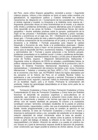 del Perú. Juicio crítico Espacio geográﬁco, sociedad y econo- • Argumenta
criterios propios, críticos y mía creativos en torno al nuevo orden mundial y la
globalización, la organización política y Calidad Ambiental los diversos
mecanismos de integración en • Conservación de los ecosistemas en el Perú.
el ámbito regional y mundial. La Amazonía y la Antártida como reserva de •
Argumenta posiciones éticas en torno biodiversidad en el mundo. a la relación
entre límites y problemas territoriales y propone alternativas para el Calidad de
Vida desarrollo en las zonas de frontera. • Características físicas del medio
geográﬁco • Asume actitudes positivas sobre la peruano. participación de la
mujer en los procesos • Actividades económicas. Sectores y proce- sociales,
políticos y económicos en el siglo sos. XX. • Distribución de la población por
áreas geo- • Formula puntos de vista y valora la gráﬁcas y sectores económicos
en América conservación de los ecosistemas en el Latina y el mundo. Perú, la
Amazonía y la Antártida. • Formula propuestas para mejorar la calidad
Desarrollo y Economía de vida, frente a la problemática observada • Redes
viales. Características, tipos e impor- en los procesos históricos, geográﬁcos y
tancia para el desarrollo del Perú. económicos tratados. • Organización política
y administrativa del • Formula y asume soluciones a los territorio peruano.
problemas presentados en la realidad social • Límites y problemas territoriales.
Posibilida- y espacial, interrelacionando el tiempo y el des para el desarrollo en
zonas de frontera. espacio. • Integración latinoamericana. Instituciones •
Argumenta sobre la inﬂuencia de EEUU en actuales y posibilidades futuras. la
política internacional del Mundo. • Internacionalización de la producción y las ﬁ-
nanzas. El Sistema Financiero Internacional. Importancia e instituciones
representativas. • Liberalización del comercio de bienes y ser- vicios. Comercio
Internacional. • Tratados y convenios del Perú: APEC y TLC. • Fortalecimiento
de la economía y las ﬁnan- zas. ACTITUDES Valora los logros alcanzados por
los peruanos en la historia del Perú en el contexto Mundial. Valora su
pertenencia a una comunidad local, regional y nacional. Promueve la defensa
del patrimonio local, regional y nacional. Valora la diversidad cultural existente
en su localidad, región, país y el mundo. Promueve la conservación del
ambiente. Valora los aprendizajes desarrollados en el área como parte de su
proceso formativo. 396
394. Formación Ciudadana y Cívica 2.6 Área: Formación Ciudadana y Cívica
Fundamentación El área de Formación Ciudadana y Cívica tiene por ﬁnalidad
favorecer el desarrollo de procesos cognitivos y socio-afectivos en el
estudiante, que orienten su conciencia y actuación cívico–ciuda- dana en un
marco de conocimiento y respeto a las normas que rigen la convivencia y la
aﬁrma- ción de nuestra identidad de peruanos. El civismo y la ciudadanía
constituyen compor- tamientos complejos resultantes de la puesta en práctica
de conocimientos, capacidades y actitu- des que el estudiante va adquiriendo o
fortale- ciendo progresivamente y que pone en constan- te ejercicio en sus
diversos entornos. El área de Formación Ciudadana y Cívica pro- mueve y
dinamiza la participación activa y res- ponsable del estudiante en el abordaje y
solución capacidad de actuar cívicamente sobre la base de asuntos y
problemas propios de sus entornos, de valores como la justicia, la libertad, la
hones- a partir del diálogo, el debate, la reﬂexión, la cla- tidad, el respeto, la
responsabilidad y la toleran- riﬁcación de valores y su puesta en práctica me-
cia. Educar en y para la democracia requiere diante la ejecución de proyectos.
crear condiciones que hagan posible la práctica de dichos valores. Es por ello
 