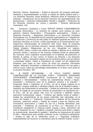 Nacional. Historia. Signiﬁcado. • Evalúa la ejecución del proyecto participati-
Derechos y responsabilidades vo sobre un asunto de interés público local y •
Los Derechos Humanos: bases ﬁlosóﬁcas. reﬂexiona sobre la importancia de
participar • Clasiﬁcación de los Derechos Humanos: las organizadamente. tres
generaciones. • Derechos fundamentales: libertad e igualdad. • Protección de
los Derechos Humanos: de- rechos y garantías. • Derecho Internacional
Humanitario. 404
402. Formación Ciudadana y Cívica TERCER GRADO CONOCIMIENTOS
Sociedad Democrática • La rendición de cuentas como práctica de buen
gobierno. Sistema Democrático • Presupuestos participativos. • Estado y
Derechos Humanos. • Regímenes democráticos y no democráti- Proyectos
Participativos cos. El desarrollo de los proyectos participativos en • Organismos
de protección y promoción de este grado se realizará siguiendo las indica- los
Derechos Humanos en el Perú. ciones presentadas en la fundamentación del •
Organismos internacionales de protección área sobre: fases de proyectos
participativos, de los Derechos humanos. asuntos públicos y organizaciones. •
Cultura tributaria: Obligaciones de los con- tribuyentes sin negocio.
ACTITUDES Valora y asume una actitud de respeto y defensa de su identidad
personal, familiar y nacional en los diversos contextos donde se desenvuelve.
Se reconoce como ciudadano comprometido en la defensa del patrimonio, la
libertad, la justicia, el bien común, el Estado de Derecho y los Derechos
Humanos. Valora y demuestra respeto por los símbolos patrios y por los héroes
y personajes ilustres. Valora la importancia de cumplir con las obligaciones
tributarias para lograr el bien común de todos los peruanos. Demuestra
respeto, tolerancia, honestidad y solidaridad en la interacción con sus pares y
entorno social. Valora los aprendizajes desarrollados en el área, como parte de
su proceso formativo. 405
403. III PARTE SECUNDARIA - VII CICLO CUARTO GRADO
CONSTRUCCIÓN DE LA CULTURA CÍVICA - EJERCICIO CIUDADANO
CAPACIDADES CONOCIMIENTOS Construcción de la Cultura Cívica
Identidad e interculturalidad • Analiza las características étnicas y lingüís-
Diversidad y pertenencia ticas de la población peruana y la importan- •
Diversidad étnica y lingüística en el Perú. cia de la lengua materna en la
conﬁgura- Lenguas maternas e identidad cultural. ción de la identidad cultural. •
Aspectos que fundamentan la peruanidad: • Analiza los elementos que originan
el sen- El orgullo de ser peruano. timiento de peruanidad y la importancia de •
El Perú, uno de los países más ricos en conservar y defender nuestro
patrimonio biodiversidad. natural. • Factores que atentan contra la calidad •
Analiza las características de los grupos ambiental. más vulnerables, en el
marco del respeto a • Valoración, conservación y defensa del los Derechos
Humanos. patrimonio natural. • Analiza las causas y tipos de violencia juve-
Convivencia democrática y Cultura de paz nil y formula alternativas para
prevenirla. • Problemas de convivencia en el Perú. La • Reconoce en la
conciliación extrajudicial un violencia juvenil. Causas y tipos. mecanismo útil
para la resolución de con- • Igualdad y equidad. Caminos para ﬂictos y explica
su procedimiento. desarrollar la igualdad. • Identiﬁca los dispositivos de control
de trán- • Mecanismos para resolver conﬂictos: la sito. conciliación extrajudicial.
• Analiza el valor de la solidaridad social y • Seguridad ciudadana:
responsabilidad del reconoce su importancia para la cohesión Estado. social. •
 
