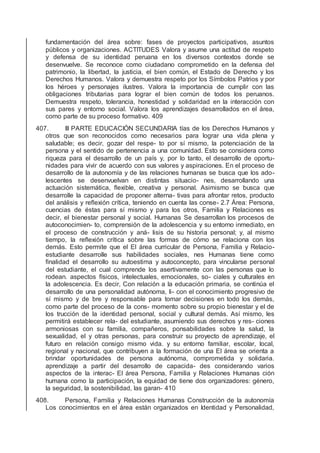 fundamentación del área sobre: fases de proyectos participativos, asuntos
públicos y organizaciones. ACTITUDES Valora y asume una actitud de respeto
y defensa de su identidad peruana en los diversos contextos donde se
desenvuelve. Se reconoce como ciudadano comprometido en la defensa del
patrimonio, la libertad, la justicia, el bien común, el Estado de Derecho y los
Derechos Humanos. Valora y demuestra respeto por los Símbolos Patrios y por
los héroes y personajes ilustres. Valora la importancia de cumplir con las
obligaciones tributarias para lograr el bien común de todos los peruanos.
Demuestra respeto, tolerancia, honestidad y solidaridad en la interacción con
sus pares y entorno social. Valora los aprendizajes desarrollados en el área,
como parte de su proceso formativo. 409
407. III PARTE EDUCACIÓN SECUNDARIA tías de los Derechos Humanos y
otros que son reconocidos como necesarios para lograr una vida plena y
saludable; es decir, gozar del respe- to por sí mismo, la potenciación de la
persona y el sentido de pertenencia a una comunidad. Esto se considera como
riqueza para el desarrollo de un país y, por lo tanto, el desarrollo de oportu-
nidades para vivir de acuerdo con sus valores y aspiraciones. En el proceso de
desarrollo de la autonomía y de las relaciones humanas se busca que los ado-
lescentes se desenvuelvan en distintas situacio- nes, desarrollando una
actuación sistemática, ﬂexible, creativa y personal. Asimismo se busca que
desarrolle la capacidad de proponer alterna- tivas para afrontar retos, producto
del análisis y reﬂexión crítica, teniendo en cuenta las conse- 2.7 Área: Persona,
cuencias de éstas para sí mismo y para los otros, Familia y Relaciones es
decir, el bienestar personal y social. Humanas Se desarrollan los procesos de
autoconocimien- to, comprensión de la adolescencia y su entorno inmediato, en
el proceso de construcción y aná- lisis de su historia personal; y, al mismo
tiempo, la reﬂexión crítica sobre las formas de cómo se relaciona con los
demás. Esto permite que el El área curricular de Persona, Familia y Relacio-
estudiante desarrolle sus habilidades sociales, nes Humanas tiene como
ﬁnalidad el desarrollo su autoestima y autoconcepto, para vincularse personal
del estudiante, el cual comprende los asertivamente con las personas que lo
rodean. aspectos físicos, intelectuales, emocionales, so- ciales y culturales en
la adolescencia. Es decir, Con relación a la educación primaria, se continúa el
desarrollo de una personalidad autónoma, li- con el conocimiento progresivo de
sí mismo y de bre y responsable para tomar decisiones en todo los demás,
como parte del proceso de la cons- momento sobre su propio bienestar y el de
los trucción de la identidad personal, social y cultural demás. Así mismo, les
permitirá establecer rela- del estudiante, asumiendo sus derechos y res- ciones
armoniosas con su familia, compañeros, ponsabilidades sobre la salud, la
sexualidad, el y otras personas, para construir su proyecto de aprendizaje, el
futuro en relación consigo mismo vida. y su entorno familiar, escolar, local,
regional y nacional, que contribuyen a la formación de una El área se orienta a
brindar oportunidades de persona autónoma, comprometida y solidaria.
aprendizaje a partir del desarrollo de capacida- des considerando varios
aspectos de la interac- El área Persona, Familia y Relaciones Humanas ción
humana como la participación, la equidad de tiene dos organizadores: género,
la seguridad, la sostenibilidad, las garan- 410
408. Persona, Familia y Relaciones Humanas Construcción de la autonomía
Los conocimientos en el área están organizados en Identidad y Personalidad,
 