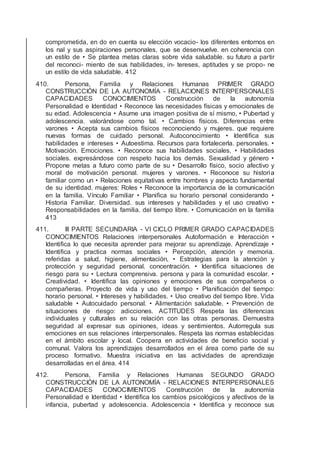 comprometida, en do en cuenta su elección vocacio- los diferentes entornos en
los nal y sus aspiraciones personales, que se desenvuelve. en coherencia con
un estilo de • Se plantea metas claras sobre vida saludable. su futuro a partir
del reconoci- miento de sus habilidades, in- tereses, aptitudes y se propo- ne
un estilo de vida saludable. 412
410. Persona, Familia y Relaciones Humanas PRIMER GRADO
CONSTRUCCIÓN DE LA AUTONOMÍA - RELACIONES INTERPERSONALES
CAPACIDADES CONOCIMIENTOS Construcción de la autonomía
Personalidad e Identidad • Reconoce las necesidades físicas y emocionales de
su edad. Adolescencia • Asume una imagen positiva de sí mismo, • Pubertad y
adolescencia. valorándose como tal. • Cambios físicos. Diferencias entre
varones • Acepta sus cambios físicos reconociendo y mujeres. que requiere
nuevas formas de cuidado personal. Autoconocimiento • Identiﬁca sus
habilidades e intereses • Autoestima. Recursos para fortalecerla. personales. •
Motivación. Emociones. • Reconoce sus habilidades sociales, • Habilidades
sociales. expresándose con respeto hacia los demás. Sexualidad y género •
Propone metas a futuro como parte de su • Desarrollo físico, socio afectivo y
moral de motivación personal. mujeres y varones. • Reconoce su historia
familiar como un • Relaciones equitativas entre hombres y aspecto fundamental
de su identidad. mujeres: Roles • Reconoce la importancia de la comunicación
en la familia. Vínculo Familiar • Planiﬁca su horario personal considerando •
Historia Familiar. Diversidad. sus intereses y habilidades y el uso creativo •
Responsabilidades en la familia. del tiempo libre. • Comunicación en la familia
413
411. III PARTE SECUNDARIA - VI CICLO PRIMER GRADO CAPACIDADES
CONOCIMIENTOS Relaciones interpersonales Autoformación e Interacción •
Identiﬁca lo que necesita aprender para mejorar su aprendizaje. Aprendizaje •
Identiﬁca y practica normas sociales • Percepción, atención y memoria.
referidas a salud, higiene, alimentación, • Estrategias para la atención y
protección y seguridad personal. concentración. • Identiﬁca situaciones de
riesgo para su • Lectura comprensiva. persona y para la comunidad escolar. •
Creatividad. • Identiﬁca las opiniones y emociones de sus compañeros o
compañeras. Proyecto de vida y uso del tiempo • Planiﬁcación del tiempo:
horario personal. • Intereses y habilidades. • Uso creativo del tiempo libre. Vida
saludable • Autocuidado personal. • Alimentación saludable. • Prevención de
situaciones de riesgo: adicciones. ACTITUDES Respeta las diferencias
individuales y culturales en su relación con las otras personas. Demuestra
seguridad al expresar sus opiniones, ideas y sentimientos. Autorregula sus
emociones en sus relaciones interpersonales. Respeta las normas establecidas
en el ámbito escolar y local. Coopera en actividades de beneﬁcio social y
comunal. Valora los aprendizajes desarrollados en el área como parte de su
proceso formativo. Muestra iniciativa en las actividades de aprendizaje
desarrolladas en el área. 414
412. Persona, Familia y Relaciones Humanas SEGUNDO GRADO
CONSTRUCCIÓN DE LA AUTONOMÍA - RELACIONES INTERPERSONALES
CAPACIDADES CONOCIMIENTOS Construcción de la autonomía
Personalidad e Identidad • Identiﬁca los cambios psicológicos y afectivos de la
infancia, pubertad y adolescencia. Adolescencia • Identiﬁca y reconoce sus
 