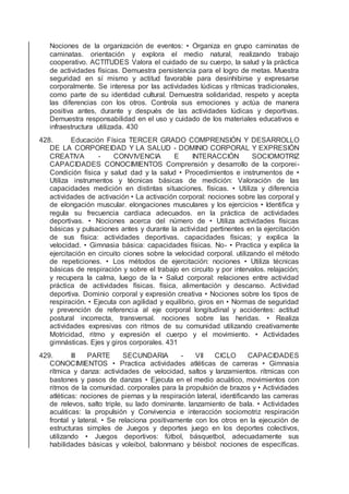 Nociones de la organización de eventos: • Organiza en grupo caminatas de
caminatas. orientación y explora el medio natural, realizando trabajo
cooperativo. ACTITUDES Valora el cuidado de su cuerpo, la salud y la práctica
de actividades físicas. Demuestra persistencia para el logro de metas. Muestra
seguridad en sí mismo y actitud favorable para desinhibirse y expresarse
corporalmente. Se interesa por las actividades lúdicas y rítmicas tradicionales,
como parte de su identidad cultural. Demuestra solidaridad, respeto y acepta
las diferencias con los otros. Controla sus emociones y actúa de manera
positiva antes, durante y después de las actividades lúdicas y deportivas.
Demuestra responsabilidad en el uso y cuidado de los materiales educativos e
infraestructura utilizada. 430
428. Educación Física TERCER GRADO COMPRENSIÓN Y DESARROLLO
DE LA CORPOREIDAD Y LA SALUD - DOMINIO CORPORAL Y EXPRESIÓN
CREATIVA - CONVIVENCIA E INTERACCIÓN SOCIOMOTRIZ
CAPACIDADES CONOCIMIENTOS Comprensión y desarrollo de la corporei-
Condición física y salud dad y la salud • Procedimientos e instrumentos de •
Utiliza instrumentos y técnicas básicas de medición: Valoración de las
capacidades medición en distintas situaciones. físicas. • Utiliza y diferencia
actividades de activación • La activación corporal: nociones sobre las corporal y
de elongación muscular. elongaciones musculares y los ejercicios • Identiﬁca y
regula su frecuencia cardiaca adecuados. en la práctica de actividades
deportivas. • Nociones acerca del número de • Utiliza actividades físicas
básicas y pulsaciones antes y durante la actividad pertinentes en la ejercitación
de sus física: actividades deportivas. capacidades físicas; y explica la
velocidad. • Gimnasia básica: capacidades físicas. No- • Practica y explica la
ejercitación en circuito ciones sobre la velocidad corporal. utilizando el método
de repeticiones. • Los métodos de ejercitación: nociones • Utiliza técnicas
básicas de respiración y sobre el trabajo en circuito y por intervalos. relajación;
y recupera la calma, luego de la • Salud corporal: relaciones entre actividad
práctica de actividades físicas. física, alimentación y descanso. Actividad
deportiva. Dominio corporal y expresión creativa • Nociones sobre los tipos de
respiración. • Ejecuta con agilidad y equilibrio, giros en • Normas de seguridad
y prevención de referencia al eje corporal longitudinal y accidentes: actitud
postural incorrecta, transversal. nociones sobre las heridas. • Realiza
actividades expresivas con ritmos de su comunidad utilizando creativamente
Motricidad, ritmo y expresión el cuerpo y el movimiento. • Actividades
gimnásticas. Ejes y giros corporales. 431
429. III PARTE SECUNDARIA - VII CICLO CAPACIDADES
CONOCIMIENTOS • Practica actividades atléticas de carreras • Gimnasia
rítmica y danza: actividades de velocidad, saltos y lanzamientos. rítmicas con
bastones y pasos de danzas • Ejecuta en el medio acuático, movimientos con
ritmos de la comunidad. corporales para la propulsión de brazos y • Actividades
atléticas: nociones de piernas y la respiración lateral, identiﬁcando las carreras
de relevos, salto triple, su lado dominante. lanzamiento de bala. • Actividades
acuáticas: la propulsión y Convivencia e interacción sociomotriz respiración
frontal y lateral. • Se relaciona positivamente con los otros en la ejecución de
estructuras simples de Juegos y deportes juego en los deportes colectivos,
utilizando • Juegos deportivos: fútbol, básquetbol, adecuadamente sus
habilidades básicas y voleibol, balonmano y béisbol: nociones de especíﬁcas.
 