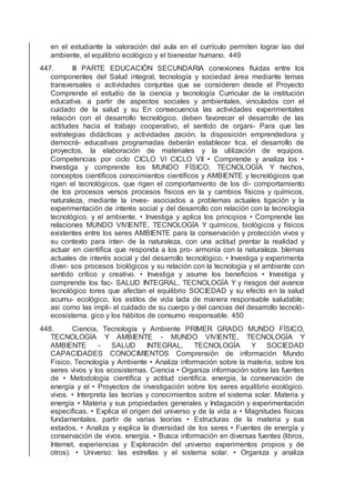 en el estudiante la valoración del aula en el currículo permiten lograr las del
ambiente, el equilibrio ecológico y el bienestar humano. 449
447. III PARTE EDUCACIÓN SECUNDARIA conexiones ﬂuidas entre los
componentes del Salud integral, tecnología y sociedad área mediante temas
transversales o actividades conjuntas que se consideren desde el Proyecto
Comprende el estudio de la ciencia y tecnología Curricular de la institución
educativa. a partir de aspectos sociales y ambientales, vinculados con el
cuidado de la salud y su En consecuencia las actividades experimentales
relación con el desarrollo tecnológico. deben favorecer el desarrollo de las
actitudes hacia el trabajo cooperativo, el sentido de organi- Para que las
estrategias didácticas y actividades zación, la disposición emprendedora y
democrá- educativas programadas deberán establecer tica, el desarrollo de
proyectos, la elaboración de materiales y la utilización de equipos.
Competencias por ciclo CICLO VI CICLO VII • Comprende y analiza los •
Investiga y comprende los MUNDO FÍSICO, TECNOLOGÍA Y hechos,
conceptos cientíﬁcos conocimientos cientíﬁcos y AMBIENTE y tecnológicos que
rigen el tecnológicos, que rigen el comportamiento de los di- comportamiento
de los procesos versos procesos físicos en la y cambios físicos y químicos,
naturaleza, mediante la inves- asociados a problemas actuales tigación y la
experimentación de interés social y del desarrollo con relación con la tecnología
tecnológico. y el ambiente. • Investiga y aplica los principios • Comprende las
relaciones MUNDO VIVIENTE, TECNOLOGÍA Y químicos, biológicos y físicos
existentes entre los seres AMBIENTE para la conservación y protección vivos y
su contexto para inter- de la naturaleza, con una actitud prentar la realidad y
actuar en cientíﬁca que responda a los pro- armonía con la naturaleza. blemas
actuales de interés social y del desarrollo tecnológico. • Investiga y experimenta
diver- sos procesos biológicos y su relación con la tecnología y el ambiente con
sentido crítico y creativo. • Investiga y asume los beneﬁcios • Investiga y
comprende los fac- SALUD INTEGRAL, TECNOLOGÍA Y y riesgos del avance
tecnológico tores que afectan el equilibrio SOCIEDAD y su efecto en la salud
acumu- ecológico, los estilos de vida lada de manera responsable saludable;
asi como las impli- el cuidado de su cuerpo y del cancias del desarrollo tecnoló-
ecosistema. gico y los hábitos de consumo responsable. 450
448. Ciencia, Tecnología y Ambiente PRIMER GRADO MUNDO FÍSICO,
TECNOLOGÍA Y AMBIENTE - MUNDO VIVIENTE, TECNOLOGÍA Y
AMBIENTE - SALUD INTEGRAL, TECNOLOGÍA Y SOCIEDAD
CAPACIDADES CONOCIMIENTOS Comprensión de información Mundo
Fisico, Tecnología y Ambiente • Analiza información sobre la materia, sobre los
seres vivos y los ecosistemas. Ciencia • Organiza información sobre las fuentes
de • Metodología cientíﬁca y actitud cientíﬁca. energía, la conservación de
energía y el • Proyectos de investigación sobre los seres equilibrio ecológico.
vivos. • Interpreta las teorías y conocimientos sobre el sistema solar. Materia y
energía • Materia y sus propiedades generales y Indagación y experimentación
especíﬁcas. • Explica el origen del universo y de la vida a • Magnitudes físicas
fundamentales. partir de varias teorías • Estructuras de la materia y sus
estados. • Analiza y explica la diversidad de los seres • Fuentes de energía y
conservación de vivos. energía. • Busca información en diversas fuentes (libros,
Internet, experiencias y Exploración del universo experimentos propios y de
otros). • Universo: las estrellas y el sistema solar. • Organiza y analiza
 