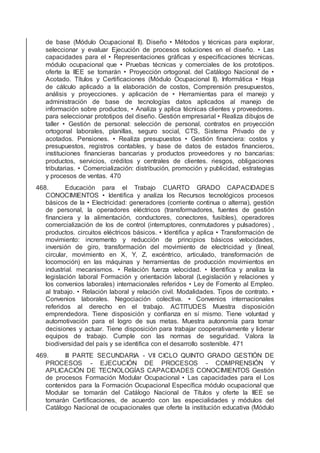de base (Módulo Ocupacional II). Diseño • Métodos y técnicas para explorar,
seleccionar y evaluar Ejecución de procesos soluciones en el diseño. • Las
capacidades para el • Representaciones gráﬁcas y especiﬁcaciones técnicas.
módulo ocupacional que • Pruebas técnicas y comerciales de los prototipos.
oferte la IIEE se tomarán • Proyección ortogonal. del Catálogo Nacional de •
Acotado. Títulos y Certiﬁcaciones (Módulo Ocupacional II). Informática • Hoja
de cálculo aplicado a la elaboración de costos, Comprensión presupuestos,
análisis y proyecciones. y aplicación de • Herramientas para el manejo y
administración de base de tecnologías datos aplicados al manejo de
información sobre productos, • Analiza y aplica técnicas clientes y proveedores.
para seleccionar prototipos del diseño. Gestión empresarial • Realiza dibujos de
taller • Gestión de personal: selección de personal, contratos en proyección
ortogonal laborales, planillas, seguro social, CTS, Sistema Privado de y
acotados. Pensiones. • Realiza presupuestos • Gestión ﬁnanciera: costos y
presupuestos, registros contables, y base de datos de estados ﬁnancieros,
instituciones ﬁnancieras bancarias y productos proveedores y no bancarias:
productos, servicios, créditos y centrales de clientes. riesgos, obligaciones
tributarias. • Comercialización: distribución, promoción y publicidad, estrategias
y procesos de ventas. 470
468. Educación para el Trabajo CUARTO GRADO CAPACIDADES
CONOCIMIENTOS • Identiﬁca y analiza los Recursos tecnológicos procesos
básicos de la • Electricidad: generadores (corriente continua o alterna), gestión
de personal, la operadores eléctricos (transformadores, fuentes de gestión
ﬁnanciera y la alimentación, conductores, conectores, fusibles), operadores
comercialización de los de control (interruptores, conmutadores y pulsadores) ,
productos. circuitos eléctricos básicos. • Identiﬁca y aplica • Transformación de
movimiento: incremento y reducción de principios básicos velocidades,
inversión de giro, transformación del movimiento de electricidad y (lineal,
circular, movimiento en X, Y, Z, excéntrico, articulado, transformación de
locomoción) en las máquinas y herramientas de producción movimientos en
industrial. mecanismos. • Relación fuerza velocidad. • Identiﬁca y analiza la
legislación laboral Formación y orientación laboral (Legislación y relaciones y
los convenios laborales) internacionales referidos • Ley de Fomento al Empleo.
al trabajo. • Relación laboral y relación civil. Modalidades. Tipos de contrato. •
Convenios laborales. Negociación colectiva. • Convenios internacionales
referidos al derecho en el trabajo. ACTITUDES Muestra disposición
emprendedora. Tiene disposición y conﬁanza en sí mismo. Tiene voluntad y
automotivación para el logro de sus metas. Muestra autonomía para tomar
decisiones y actuar. Tiene disposición para trabajar cooperativamente y liderar
equipos de trabajo. Cumple con las normas de seguridad. Valora la
biodiversidad del país y se identiﬁca con el desarrollo sostenible. 471
469. III PARTE SECUNDARIA - VII CICLO QUINTO GRADO GESTIÓN DE
PROCESOS - EJECUCIÓN DE PROCESOS - COMPRENSIÓN Y
APLICACIÓN DE TECNOLOGÍAS CAPACIDADES CONOCIMIENTOS Gestión
de procesos Formación Modular Ocupacional • Las capacidades para el Los
contenidos para la Formación Ocupacional Especíﬁca módulo ocupacional que
Modular se tomarán del Catálogo Nacional de Títulos y oferte la IIEE se
tomarán Certiﬁcaciones, de acuerdo con las especialidades y módulos del
Catálogo Nacional de ocupacionales que oferte la institución educativa (Módulo
 