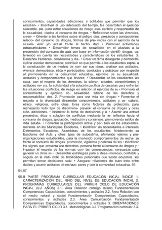 conocimientos, capacidades adicciones. y actitudes que permitan que los
estudian- • Incentivar el uso adecuado del tiempo, tes desarrollen el ejercicio
saludable, pla- para evitar situaciones de riesgo aso- centero y responsable de
la sexualidad. ciados al consumo de drogas. • Reﬂexionar sobre las vivencias,
creen- • Orientar a las familias sobre el peligro cias, prejuicios y concepciones
relacio- del consumo de drogas, formas de pre- nadas con el ejercicio de la
sexuali- venir y/o actuar frente al hecho. dad. • Promover actividades
extracurriculares • Desarrollar temas de sexualidad en el alusivas a la
prevención del consumo de aula con base en información cientíﬁ- drogas. ca,
teniendo en cuenta las necesidades y características de los estudiantes. 3.
Derechos Humanos, convivencia y dis- • Crear un clima dialogante y democráti-
ciplina escolar democrática: contribuir co que permita a los estudiantes expre- a
la construcción de un modelo de con- sar sus ideas, analizar sus actitudes,
vivencia democrático, ético y participativo, conductas y prácticas con respecto
al promoviendo en la comunidad educativa, ejercicio de su sexualidad.
actitudes y comportamientos que favorez- • Desarrollar en los estudiantes las
capa- can el respeto de los derechos, la toleran- cidades, conocimientos y
actitudes ne- cia, la solidaridad y la solución pacíﬁca de cesarias para enfrentar
las situaciones conﬂictos. de riesgo en relación al ejercicio de su • Promover el
conocimiento y ejercicio co- sexualidad. tidiano de los derechos y
responsabilida- des. 2. Promoción para una vida sin drogas: • Fomentar el
respeto a la diversidad desarrollar conocimientos, actitudes y va- cultural,
étnica, religiosa, entre otras, lores como factores de protección, para
rechazando todo tipo de discrimina- prevenir el consumo de drogas y otras
ción. adicciones. • Incentivar la toma de decisiones y la • Asumir una actitud
preventiva, ética y solución de conﬂictos mediante la ne- reﬂexiva hacia el
consumo de drogas, gociación, mediación y consensos. promoviendo estilos de
vida saluda- • Fomentar la participación activa y per- bles en los estudiantes.
manente en los Municipios Escolares, • Identiﬁcar las necesidades e intereses
Defensorías Escolares, Asambleas de los estudiantes, fortaleciendo su
Escolares del Aula y otros tipos de autoestima, aﬁrmando valores y pro-
organizaciones estudiantiles, para la moviendo comportamientos de recha- zo
frente al consumo de drogas. promoción, vigilancia y defensa de los • Identiﬁcar
los signos que presenta una derechos. persona frente al consumo de drogas y •
Impulsar el respeto de las normas con- las consecuencias. sensuadas para
generar un clima ar- • Desarrollar estrategias para el desa- monioso, conﬁable y
seguro en la insti- rrollo de habilidades personales que tución educativa. les
permitan tomar decisiones salu- • Asegurar relaciones de buen trato entre
dables y asumir actitudes de rechazo pares y con la comunidad educativa. 56
54.57
55.III PARTE PROGRAMA CURRICULAR EDUCACIÓN INICIAL ÍNDICE 1.
CARACTERiZACIÓN DEL NIÑO DEL NIVEL DE EDUCACIÓN INICIAL 2.
PROGRAMAS CURRICULARES DEL PRIMER CICLO DE EDUCACIÓN
INICIAL (0-2 AÑOS) 2.1. Área Relación consigo mismo Fundamentación
Competencias Capacidades, conocimientos y actitudes 2.2. Área Relación con
el medio natural y social Fundamentación Competencias Capacidades,
conocimientos y actitudes 2.3. Área Comunicación Fundamentación
Competencias Capacidades, conocimientos y actitudes 3. ORIENTACIONES
PARA EL PRIMER CICLO 3.1. Metodológicas 3.2. Programación curricular 3.3.
 