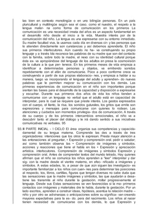 las bien en contexto monolingüe o en uno bilingüe personas. En un país
pluricultural y multilingüe según sea el caso. como el nuestro, el respeto a la
lengua mater- na como forma de comunicación en los primeros La
comunicación es una necesidad innata del años es un aspecto fundamental en
el desarrollo niño desde el inicio a la vida. Muestra interés por de la
comunicación del niño. La lengua es una expresarse con su entorno inmediato.
Su madre facultad viva, la usamos cada día en diversas cir- y las personas que
lo atienden directamente son cunstancias y así debemos aprenderla. El niño
sus primeros interlocutores. Aún cuando no ha- va construyendo su propio
lenguaje y a través bla reconoce las palabras de su madre que son del contacto
con la familia, sobre todo la madre, el nexo con su identidad cultural porque
ésta ex- va apropiándose del lenguaje de los adultos en presa la cosmovisión
de la cultura a la que per- tenece. En los primeros meses de vida empieza a
identiﬁcar a determinadas personas y objetos, va emitiendo sonidos
repetidamente con el afán de comunicarse. Poco a poco conforme crece va
construyendo a partir de sus propias elaboracio- nes, y empieza a hablar a su
manera, luego va incorporando el lenguaje del adulto y aprendien- do nuevas
palabras que le permiten mejorar su comunicación con los demás. Las
primeras experiencias de comunicación en el niño son importantes porque
sientan las bases para el desarrollo de la capacidad y disposición a expresarse
y escuchar. Durante sus primeros dos años de vida los niños tienden a
comunicarse con un lenguaje no verbal que el adulto está en capacidad de
interpretar, para lo cual se requiere que preste interés. Los gestos expresados
con el cuerpo, el llanto, la risa, los sonidos guturales, los gritos que emite son
expresiones y mensajes para comunicarse con quienes lo rodean. Las
atenciones y cuidados son momentos privilegia- dos de comunicación. A través
de su cuerpo y de los primeros intercambios emocionales, el niño va a
descubrir tanto el placer del diálogo y le irá dando sentido a sus iniciativas
comunicativas no verbales. 95
93.III PARTE INICIAL - I CICLO El área organiza sus competencias y capacida-
damental de su lengua materna. Comprende las des a través de tres
organizadores: intenciones que los otros le expresan. Presta mayor atención a
las entonaciones al preguntar, • Expresión y comprensión oral. pedir o saludar;
así como también observa las • Comprensión de imágenes y símbolos.
acciones y reacciones que tiene el habla en los • Expresión y apreciación
artística. interlocutores. Comprensión de imágenes y símbolos Expresión y
comprensión oral. Antes de comprender textos del mundo letrado, Hay quienes
aﬁrman que el niño se comunica los niños aprenden a “leer” interpretar y dar
sig- con la madre desde el vientre materno, en efec- niﬁcado a imágenes y
símbolos. A estas edades, to, a pesar de que aún siguen las investigacio- es
importante familiarizar a los niños con cuen- nes para determinar las posiciones
al respecto, tos, libros, cartillas, ﬁguras que tengan diversas no cabe duda que
las sensaciones que la madre imágenes y símbolos, las que ayudarán a desa-
tiene las transmite al niño durante la gestación. rrollar progresivamente el
lenguaje. Desde sus Estas sensaciones se ven favorecidas si la ma- primeros
contactos con imágenes y materiales dre le habla, durante la gestación. Por un
lado escritos, aprenden a construir ideas, hipótesis, acentúa la relación madre –
niño y por otro se adivinanzas o anticipaciones sobre su signiﬁca- van creando
mayores expectativas para la es- do. pera del nacimiento. Los niños al nacer
tienen necesidad de comunicarse con los demás, lo que Expresión y
 