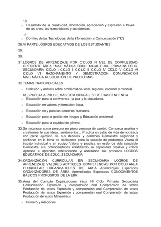 10
o Desarrollo de la creatividad, innovación, apreciación y expresión a través
de las artes, las humanidades y las ciencias.
11
o Dominio de las Tecnologías de la Información y Comunicación (TIC)
28.VI PARTE LOGROS EDUCATIVOS DE LOS ESTUDIANTES
29.
30.
31.LOGROS DE APRENDIZAJE POR CICLOS N IVEL DE COMPLEJIDAD
CRECIENTE ÁREA : MATEMÁTICA EDUC. INICIAL EDUC. PRIMARIA EDUC.
SECUNDARIA CICLO I CICLO II CICLO III CICLO IV CICLO V CICLO VI
CICLO VII RAZONAMIENTO Y DEMOSTRACIÓN COMUNICACIÓN
MATEMÁTICA RESOLUCIÓN DE PROBLEMAS
32.TEMAS TRANSVERSALES
o Reflexión y análisis sobre problemática local, regional, nacional y mundial
RESPUESTA A PROBLEMAS COYUNTURALES DE TRASCENDENCIA
o Educación para la convivencia, la paz y la ciudadanía.
o Educación en valores y formación ética.
o Educación en y para los derechos humanos.
o Educación para la gestión de riesgos y Educación ambiental.
o Educación para la equidad de género.
33.Se reconoce como persona en pleno proceso de cambio Comunica asertiva y
creativamente sus ideas, sentimientos... Practica un estilo de vida democrático
con pleno ejercicio de sus deberes y derechos Demuestra seguridad y
confianza en la toma de decisiones para la solución de problemas Valora el
trabajo individual y en equipo Valora y practica un estilo de vida saludable
Demuestra sus potencialidades enfatizando su capacidad creativa y crítica
Aprende a aprender, reflexionando y analizando sus procesos LOGROS
EDUCATIVOS DE EDUC. SECUNDARIA
34.ORGANIZACIÓN CURRICULAR EN SECUNDARIA LOGROS DE
APRENDIZAJE VALORES ACTITUDES COMPETENCIAS POR CICLO ÁREA
CURRICULAR ORGANIZADORES DE ÁREA Aprendizajes Esperados
ORGANIZADORES DE ÁREA Aprendizajes Esperados CONOCIMIENTOS
BÁSICOS PROPOSITOS DE LA EBR
35.Área del Currículo Organizadores Inicia l-II Ciclo Primaria Secundaria
Comunicación Expresión y comprensión oral Comprensión de textos
Producción de textos Expresión y comprensión oral Comprensión de textos
Producción de textos Expresión y comprensión oral Comprensión de textos
Producción de textos Matemática
o Número y relaciones
 