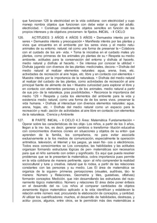 que funcionan 128 la electricidad en la vida cotidiana: con electricidad y cuyo
manejo nombra objetos que funcionan con debe estar a cargo del adulto.
electricidad. • Construye creativamente objetos sencillos en función de los
propios intereses y de objetivos previamen- te ﬁjados. INICIAL - II CICLO
126. ACTITUDES 3 AÑOS 4 AÑOS 5 AÑOS • Demuestra interés por los
seres • Demuestra interés y preocupación • Maniﬁesta interés por las plantas y
vivos que encuentra en el ambiente por los seres vivos y el medio natu-
animales de su entorno. natural. ral como una forma de preservar la • Colabora
con el cuidado de los ani- vida. • Toma la iniciativa en el cuidado males y/o
plantas, como primeras de los animales y/o plantas de su • Respeta su medio
ambiente. actitudes para la conservación del entorno y disfruta al hacerlo.
medio natural y disfruta al hacerlo. • Se interesa por conocer la utilidad •
Disfruta jugando con diversos de las plantas: medicinales, decora- • Disfruta del
medio natural al realizar elementos naturales: agua, arena, tivas, etc.
actividades de recreación al aire hojas, etc. libre y en contacto con elementos •
Muestra interés por la importancia de la naturaleza. • Disfruta del medio natural
al realizar del cuidado de las plantas, como actividades de recreación al aire
principal fuente de alimento de las • Muestra curiosidad para explorar el libre y
en contacto con elementos personas y de los animales. medio natural a partir
de sus pro- de la naturaleza. pias posibilidades. • Reconoce la importancia del
medio 129 • Respeta y cuida los elementos del ambiente para la vida y
existencia medio natural, como una forma de de los seres vivos. preservar la
vida humana. • Disfruta al interactuar con diversos elementos naturales: agua,
arena, hojas, etc. • Disfruta del medio natural como un espacio para la
recreación y reali- zación de actividades al aire libre en contacto con elementos
de la naturaleza. Ciencia y Ambiente
127. III PARTE INICIAL - II CICLO 4.3 Área: Matemática Fundamentación •
Operar sobre las características de los obje- Los niños, a partir de los 3 años,
llegan a la ins- tos, es decir, generar cambios o transforma- titución educativa
con conocimientos diversos ciones en situaciones y objetos de su entor- que
aprenden de la familia, los compañeros, no para evitar asociarla
exclusivamente a la los medios de comunicación, especialmente la operación
aritmética. televisión, el Internet y los juegos, ya sean físi- cos o electrónicos.
Todos esos conocimientos se Los conceptos, las habilidades y las actitudes
organizan formando estructuras lógicas de pen- matemáticas son necesarios
para que el niño samiento con orden y signiﬁcado. Es aquí que pueda resolver
problemas que se le presentan la matemática, cobra importancia pues permite
en la vida cotidiana de manera pertinente, opor- al niño comprender la realidad
sociocultural y tuna y creativa. natural que lo rodea, a partir de las relaciones
constantes con las personas y su medio. Las El área de matemática se
organiza de la siguien- primeras percepciones (visuales, auditivas, tác- te
manera: Número y Relaciones, Geometría y tiles, gustativas, olfativas)
formarán conceptos Medición. que irán desarrollando las estructuras del razo-
namiento lógico matemático. Número y relaciones El área debe poner énfasis
en el desarrollo del ra- Los niños al comparar cantidades de objetos
zonamiento lógico matemático aplicado a la vida identiﬁcan y establecen la
relación entre número real, procurando la elaboración de conceptos, y cantidad.
Al utilizar los cuantiﬁcadores: muchos, el desarrollo de habilidades, destrezas, y
actitu- pocos, algunos, entre otros, se le permitirán más des matemáticas a
 