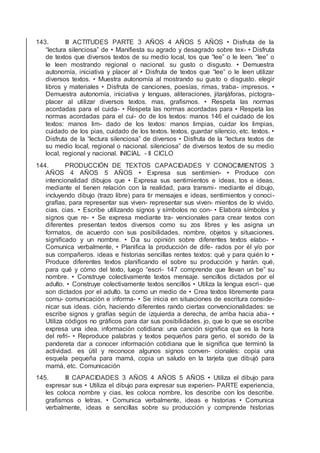 143. III ACTITUDES PARTE 3 AÑOS 4 AÑOS 5 AÑOS • Disfruta de la
“lectura silenciosa” de • Maniﬁesta su agrado y desagrado sobre tex- • Disfruta
de textos que diversos textos de su medio local, tos que “lee” o le leen. “lee” o
le leen mostrando regional o nacional. su gusto o disgusto. • Demuestra
autonomía, iniciativa y placer al • Disfruta de textos que “lee” o le leen utilizar
diversos textos. • Muestra autonomía al mostrando su gusto o disgusto. elegir
libros y materiales • Disfruta de canciones, poesías, rimas, traba- impresos. •
Demuestra autonomía, iniciativa y lenguas, aliteraciones, jitanjáforas, pictogra-
placer al utilizar diversos textos. mas, graﬁsmos. • Respeta las normas
acordadas para el cuida- • Respeta las normas acordadas para • Respeta las
normas acordadas para el cui- do de los textos: manos 146 el cuidado de los
textos: manos lim- dado de los textos: manos limpias, cuidar los limpias,
cuidado de los pias, cuidado de los textos. textos, guardar silencio, etc. textos. •
Disfruta de la “lectura silenciosa” de diversos • Disfruta de la “lectura textos de
su medio local, regional o nacional. silenciosa” de diversos textos de su medio
local, regional y nacional. INICIAL - II CICLO
144. PRODUCCIÓN DE TEXTOS CAPACIDADES Y CONOCIMIENTOS 3
AÑOS 4 AÑOS 5 AÑOS • Expresa sus sentimien- • Produce con
intencionalidad dibujos que • Expresa sus sentimientos e ideas, tos e ideas,
mediante el tienen relación con la realidad, para transmi- mediante el dibujo,
incluyendo dibujo (trazo libre) para tir mensajes e ideas, sentimientos y conoci-
grafías, para representar sus viven- representar sus viven- mientos de lo vivido.
cias. cias. • Escribe utilizando signos y símbolos no con- • Elabora símbolos y
signos que re- • Se expresa mediante tra- vencionales para crear textos con
diferentes presentan textos diversos como su zos libres y les asigna un
formatos, de acuerdo con sus posibilidades. nombre, objetos y situaciones.
signiﬁcado y un nombre. • Da su opinión sobre diferentes textos elabo- •
Comunica verbalmente, • Planiﬁca la producción de dife- rados por él y/o por
sus compañeros. ideas e historias sencillas rentes textos: qué y para quién lo •
Produce diferentes textos planiﬁcando el sobre su producción y harán. qué,
para qué y cómo del texto, luego “escri- 147 comprende que llevan un be” su
nombre. • Construye colectivamente textos mensaje. sencillos dictados por el
adulto. • Construye colectivamente textos sencillos • Utiliza la lengua escri- que
son dictados por el adulto. ta como un medio de • Crea textos libremente para
comu- comunicación e informa- • Se inicia en situaciones de escritura conside-
nicar sus ideas. ción, haciendo diferentes rando ciertas convencionalidades: se
escribe signos y grafías según de izquierda a derecha, de arriba hacia aba- •
Utiliza códigos no gráﬁcos para dar sus posibilidades. jo, que lo que se escribe
expresa una idea. información cotidiana: una canción signiﬁca que es la hora
del refri- • Reproduce palabras y textos pequeños para gerio, el sonido de la
pandereta dar a conocer información cotidiana que le signiﬁca que terminó la
actividad. es útil y reconoce algunos signos conven- cionales: copia una
esquela pequeña para mamá, copia un saludo en la tarjeta que dibujó para
mamá, etc. Comunicación
145. III CAPACIDADES 3 AÑOS 4 AÑOS 5 AÑOS • Utiliza el dibujo para
expresar sus • Utiliza el dibujo para expresar sus experien- PARTE experiencia,
les coloca nombre y cias, les coloca nombre, los describe con los describe.
graﬁsmos o letras. • Comunica verbalmente, ideas e historias • Comunica
verbalmente, ideas e sencillas sobre su producción y comprende historias
 