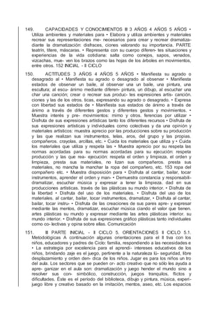 149. CAPACIDADES Y CONOCIMIENTOS III 3 AÑOS 4 AÑOS 5 AÑOS •
Utiliza ambientes y materiales para • Elabora y utiliza ambientes y materiales
recrear sus representaciones me- necesarios para crear y recrear dramatiza-
diante la dramatización: disfraces, ciones valorando su importancia. PARTE
teatrín, títere, máscaras. • Representa con su cuerpo diferen- tes situaciones y
experiencias de la vida cotidiana: salta como conejos, sapos, venados,
vizcachas, mue- ven los brazos como las hojas de los árboles en movimientos,
entre otros. 152 INICIAL - II CICLO
150. ACTITUDES 3 AÑOS 4 AÑOS 5 AÑOS • Maniﬁesta su agrado o
desagrado al • Maniﬁesta su agrado o desagrado al observar • Maniﬁesta
estados de observar un baile, al observar una un baile, una pintura, una
escultura; al escu- ánimo mediante diferen- pintura, un dibujo, al escuchar una
char una canción; crear o recrear sus produc- tes expresiones artís- canción.
ciones y las de los otros. ticas, expresando su agrado o desagrado. • Expresa
con libertad sus estados de • Maniﬁesta sus estados de ánimo a través de
ánimo a través de diferentes gestos y diferentes gestos y movimientos. •
Muestra interés y pre- movimientos: mimo y otros. ferencias por utilizar •
Disfruta de sus expresiones artísticas tanto los diferentes recursos • Disfruta de
sus expresiones artísticas y individuales como colectivas y da una opinión y
materiales artísticos: muestra aprecio por las producciones sobre su producción
y las que realizan sus instrumentos, telas, aros, del grupo y las propias.
compañeros. crayolas, arcillas, etc. • Cuida los materiales que utiliza y • Cuida
los materiales que utiliza y respeta las • Muestra aprecio por su respeta las
normas acordadas para su normas acordadas para su ejecución: respeta
producción y las que rea- ejecución: respeta el orden y limpieza, el orden y
limpieza, presta sus materiales, no lizan sus compañeros. presta sus
materiales, no mancha la manchar la ropa del compañero, etc. 153 ropa del
compañero etc. • Muestra disposición para • Disfruta al cantar, bailar, tocar
instrumentos, aprender el orden y man- • Demuestra constancia y responsabili-
dramatizar, escuchar música y expresar a tener la limpieza. dad en sus
producciones artísticas. través de las plásticas su mundo interior. • Disfruta de
la libertad • Disfruta del uso de los materiales. • Disfruta del uso de los
materiales. al cantar, bailar, tocar instrumentos, dramatizar, • Disfruta al cantar,
bailar, tocar instru- • Disfruta de las creaciones de sus pares apre- y expresar
mediante las mentos, dramatizar, escuchar música ciando el valor que tienen.
artes plásticas su mundo y expresar mediante las artes plásticas interior. su
mundo interior. • Disfruta de sus expresiones gráﬁco plásticas tanto individuales
como co- lectivas y opina sobre ellas. Comunicación
151. III PARTE INICIAL - II CICLO 5. ORIENTACIONES II CICLO 5.1.
Metodológicas A continuación algunas orientaciones para el II tiva con los
niños, educadores y padres de Ciclo: familia, respondiendo a las necesidades e
• La estrategia por excelencia para el aprendi- intereses educativos de los
niños, brindando zaje es el juego, pertinente a la naturaleza lú- seguridad, libre
desplazamiento y orden den- dica de los niños. Jugar es para los niños un tro
del aula. Los sectores que se pueden or- acto creativo que no sólo les ayuda a
apre- ganizar en el aula son: dramatización y juego hender el mundo sino a
resolver sus con- simbólico, construcción, juegos tranquilos, ﬂictos y
diﬁcultades. Éste es el período del biblioteca, dibujo y pintura, música, experi-
juego libre y creativo basado en la imitación, mentos, aseo, etc. Los espacios
 