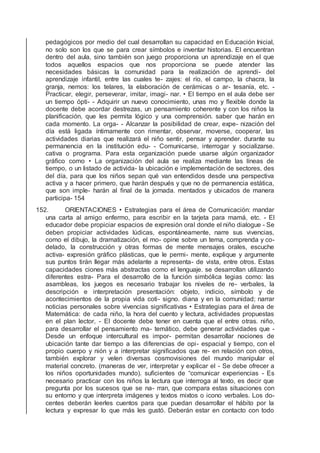 pedagógicos por medio del cual desarrollan su capacidad en Educación Inicial,
no solo son los que se para crear símbolos e inventar historias. El encuentran
dentro del aula, sino también son juego proporciona un aprendizaje en el que
todos aquellos espacios que nos proporciona se puede atender las
necesidades básicas la comunidad para la realización de aprendi- del
aprendizaje infantil, entre las cuales te- zajes: el río, el campo, la chacra, la
granja, nemos: los telares, la elaboración de cerámicas o ar- tesanía, etc. -
Practicar, elegir, perseverar, imitar, imagi- nar. • El tiempo en el aula debe ser
un tiempo ópti- - Adquirir un nuevo conocimiento, unas mo y ﬂexible donde la
docente debe acordar destrezas, un pensamiento coherente y con los niños la
planiﬁcación, que les permita lógico y una comprensión. saber que harán en
cada momento. La orga- - Alcanzar la posibilidad de crear, expe- nización del
día está ligada íntimamente con rimentar, observar, moverse, cooperar, las
actividades diarias que realizará el niño sentir, pensar y aprender. durante su
permanencia en la institución edu- - Comunicarse, interrogar y socializarse.
cativa o programa. Para esta organización puede usarse algún organizador
gráﬁco como • La organización del aula se realiza mediante las líneas de
tiempo, o un listado de activida- la ubicación e implementación de sectores, des
del día, para que los niños sepan qué van entendidos desde una perspectiva
activa y a hacer primero, que harán después y que no de permanencia estática,
que son imple- harán al ﬁnal de la jornada. mentados y ubicados de manera
participa- 154
152. ORIENTACIONES • Estrategias para el área de Comunicación: mandar
una carta al amigo enfermo, para escribir en la tarjeta para mamá, etc. - El
educador debe propiciar espacios de expresión oral donde el niño dialogue - Se
deben propiciar actividades lúdicas, espontáneamente, narre sus vivencias,
como el dibujo, la dramatización, el mo- opine sobre un tema, comprenda y co-
delado, la construcción y otras formas de mente mensajes orales, escuche
activa- expresión gráﬁco plásticas, que le permi- mente, explique y argumente
sus puntos tirán llegar más adelante a representa- de vista, entre otros. Estas
capacidades ciones más abstractas como el lenguaje. se desarrollan utilizando
diferentes estra- Para el desarrollo de la función simbólica tegias como: las
asambleas, los juegos es necesario trabajar los niveles de re- verbales, la
descripción e interpretación presentación: objeto, indicio, símbolo y de
acontecimientos de la propia vida coti- signo. diana y en la comunidad; narrar
noticias personales sobre vivencias signiﬁcativas • Estrategias para el área de
Matemática: de cada niño, la hora del cuento y lectura, actividades propuestas
en el plan lector, - El docente debe tener en cuenta que el entre otras. niño,
para desarrollar el pensamiento ma- temático, debe generar actividades que -
Desde un enfoque intercultural es impor- permitan desarrollar nociones de
ubicación tante dar tiempo a las diferencias de opi- espacial y tiempo, con el
propio cuerpo y nión y a interpretar signiﬁcados que re- en relación con otros,
también explorar y velen diversas cosmovisiones del mundo manipular el
material concreto. (maneras de ver, interpretar y explicar el - Se debe ofrecer a
los niños oportunidades mundo). suﬁcientes de “comunicar experiencias - Es
necesario practicar con los niños la lectura que interroga al texto, es decir que
pregunta por los sucesos que se na- rran, que compara estas situaciones con
su entorno y que interpreta imágenes y textos mixtos o icono verbales. Los do-
centes deberán leerles cuentos para que puedan desarrollar el hábito por la
lectura y expresar lo que más les gustó. Deberán estar en contacto con todo
 