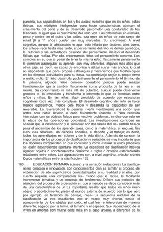 puntería, sus capacidades ar- bis y las axilas; mientras que en los niños, estas
tísticas, sus múltiples inteligencias para hacer características abarcan el
crecimiento del pene y de su desarrollo psicomotor una oportunidad de los
testículos, al igual que el crecimiento del vello vida. Las diferencias en estatura,
peso y contex- en el pubis y las axilas. tura entre los niños de este rango de
edad (6 a 11 años) pueden ser muy marcadas. Su crecimiento A nivel
cognitivo, aunque la abstracción no apa- está inﬂuido por factores, tales como,
los antece- rece hasta más tarde, el pensamiento del niño va dentes genéticos,
la nutrición y las actividades pasando del pensamiento intuitivo al desarrollo
físicas que realiza. Por ello, encontramos niños del pensamiento concreto. Los
cambios en su que a pesar de tener la misma edad, físicamente pensamiento
le permiten autoregular su aprendi- son muy diferentes, algunos más altos que
otros zaje; es decir, es capaz de encontrar y utilizar sus o más anchos, lo cual
no imposibilita que parti- propias estrategias y mecanismos que faciliten cipen
en las diversas actividades para su desa- su aprendizaje según su propio ritmo
o estilo. rrollo. El niño desarrolla paulatinamente el pensamiento Al término de
la primaria, algunos niños comien- operatorio porque puede realizar
transformacio- zan a cambiar físicamente como producto de la nes en su
mente. Su conocimiento va más allá de pubertad, aunque puede observarse
grandes di- lo inmediato y transforma o interpreta lo que es ferencias entre
niños y niñas. En las niñas, algu- percibido de acuerdo con estructuras
cognitivas cada vez más complejas. El desarrollo cognitivo del niño se hace
menos egocéntrico, menos cen- trado y desarrolla la capacidad de ser
reversible. La reversibilidad le permite invertir mentalmente una acción que
antes solo había llevado a cabo físicamente (cuando el niño necesita
interactuar con los objetos físicos para resolver problemas, se dice que está en
la etapa de las operaciones concretas). Las investigaciones coinciden en
señalar que la clasiﬁcación y la seriación son dos tareas del de- sarrollo básico
para el andamiaje de los aprendi- zajes, como la matemática, el lenguaje, las
cien- cias naturales, las ciencias sociales, el deporte y el trabajo; es decir,
todos los aprendizajes es- colares y de la vida diaria. Además de conocer la
importancia de los procesos de clasiﬁcación y seriación, es muy importante que
los docentes comprendan en qué consisten y cómo evaluar si estos procesos
se están desarrollando oportuna- mente. La capacidad de clasiﬁcación implica
agrupar objetos o acontecimientos conforme a reglas o criterios estableciendo
relaciones entre estos. Las agrupaciones son, a nivel cognitivo, articula- ciones
lógico matemáticas entre la clasiﬁcación 162
160. EDUCACIÓN PRIMARIA (clases) y la seriación (relaciones). La clasiﬁca-
nente creación e innovación, con conocimientos ción es similar al proceso de
ordenación de ob- signiﬁcativos contextualizados a su realidad y al jetos, por
cuanto requiere una comparación sis- mundo que le rodea, le facilitarán
incrementar temática y un contraste de fenómenos. Diﬁere sus períodos de
atención. del proceso de ordenación en que a menudo se debe considerar más
de una característica de un Es importante resaltar que todos los niños inter-
objeto o acontecimiento. pretan el mundo externo de acuerdo con lo que ven;
por ejemplo, en términos de paisaje, nues- La secuencia evolutiva de la
clasiﬁcación va tros estudiantes ven un mundo muy diverso, desde el
agrupamiento de los objetos por color, el cual leen e interpretan de manera
diferente, seguido por la forma, el tamaño y el espesor. Su- dependiendo de si
viven en ámbitos con mucha cede más en el caso urbano, a diferencia de lo
 