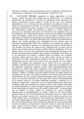 diferentes individuos y entre percepciones como la utilización correcta de los
comparativos, o intuiciones de la misma persona. Conforme va 164
162. EDUCACIÓN PRIMARIA superando su etapa egocéntrica, el niño
comien- criterio del bien, todo aquello que le permita man- za a expresar
sentimientos de solidaridad y de tener la aceptación de las personas, sus
afectos cooperación con los demás a través de los cua- y la conﬁanza
depositada en él. Le interesan las les coordinan sus puntos de vista en un
marco de consecuencias concretas con las que se enfrenta reciprocidad, que
permite la aparición de nuevos el sujeto y no lo que la sociedad deﬁne como
rec- sentimientos morales que favorecen la integra- to y bueno. Evalúa los
actos por las intenciones ción del yo en términos de una regulación más que
los motivaron y las consecuencias que pro- eﬁcaz de la vida afectiva. El respeto
mutuo que dujeron. Juzga que es malo lo que es injusto. se logra al ﬁnal de
esta etapa se evidencia en el respeto de las reglas dadas por el grupo, y al sur-
Usa la mentira como una forma intencional para gimiento del sentimiento de
justicia, que cambia equilibrar sus expectativas con las normas esta- las
relaciones interpersonales entre niños. blecidas por la familia, los amigos, la
escuela y la sociedad en general y en ocasiones la usa para A medida que el
niño muestra una mayor ha- probar al otro. Distingue poco a poco lo que es
bilidad para aceptar opiniones ajenas, también real de lo fantasioso. Ya en los
últimos grados, se hace más consciente de las necesidades del juzga que la
verdad es necesaria para mantener que escucha, la información que tiene, sus
in- las relaciones de simpatía y respeto mutuo con tereses, etc. Cualquier
discusión implica ahora los otros: “no se debe mentir porque se queda un
intercambio de ideas; observaremos también mal ante los demás”. que las
explicaciones que da están más a tono con lo que escucha. En ese sentido,
coopera con Regula sus costumbres por la noción de lo jus- sus pares y
establece acuerdos mínimos para to e injusto. Juzga que en la distribución de
las desarrollar actividades grupales: discute sobre responsabilidades debe
imponerse un sentido las tareas colectivas y las situaciones de juego, de
proporcionalidad, de igualdad más ﬂexible sanciones y premios. Acepta que se
cambien y relativa. Considera que debe existir una rela- las reglas cuando hay
aprobación de la autori- ción entre la violación de la norma y la sanción dad y
consentimiento de todo el grupo. Muestra correspondiente. Evalúa que es más
injusto una marcada preferencia por los juegos difíci- cuanto más desagradable
es la sanción, más les. Le parece interesante aprender y participar aún si
incluye el castigo físico. Juzga que no se en nuevos juegos y que estos sean
complejos. debe dejar participar en el juego al que no res- Coopera asumiendo
sus responsabilidades en peta las reglas y exige que el trasgresor com- función
de las necesidades y metas que se ha pense la mala acción: “si destruyó algo,
que lo trazado el grupo. Siente la necesidad de asumir reponga”.
colectivamente la responsabilidad de ayudar. Conocer a los niños implica
también tener pre- En lo correspondiente al desarrollo moral, el in- sente varios
factores que pueden marcar la di- tercambio con los demás se guía por una
moral ferencia entre un estudiante y sus compañeros individualista; es decir,
con ﬁnes instrumentales de aula. Es preciso tener información para evi- sobre
todo en las zonas urbanas. En los ámbitos tar caliﬁcaciones como comúnmente
se hace en andinos y amazónicos la visión del mundo es más este tramo de
edad, cuando un niño no logra al- colectiva, esto se expresa a través de un
senti- gunos aprendizajes en el momento esperado, o miento de respeto o
 
