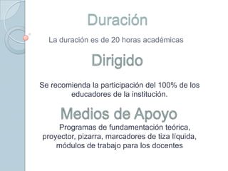 Duración
  La duración es de 20 horas académicas




Se recomienda la participación del 100% de los
        educadores de la institución.



    Programas de fundamentación teórica,
proyector, pizarra, marcadores de tiza líquida,
    módulos de trabajo para los docentes
 