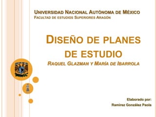 DISEÑO DE PLANES
DE ESTUDIO
RAQUEL GLAZMAN Y MARÍA DE IBARROLA
Elaborado por:
Ramírez González Paola
UNIVERSIDAD NACIONAL AUTÓNOMA DE MÉXICO
FACULTAD DE ESTUDIOS SUPERIORES ARAGÓN
 