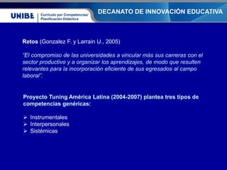Currículo por Competencias/
Planificación Didáctica
DECANATO DE INNOVACIÓN EDUCATIVA
Retos (Gonzalez F. y Larrain U., 2005...