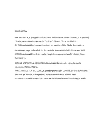 BIBLIOGRAFIA：


-BOLIVAR BOTIA, A. (1999) El currículo como ámbito de estudio en Escudero, J. M. (editor)
“Diseño, desarrollo e innovación del Currículo”. Síntesis Educación. Madrid.
-DE ALBA, A. (1995) Currículo: crisis, mitos y perspectivas. Miño Dávila. Buenos Aires.

-Intereses en juego en la definición del currículo. Revista Novedades Educativas. -DIAZ
BARRIGA, A. (1994) El currículo escolar. Surgimiento y perspectivas (2° edición) Aique.
Buenos Aires.

-GIMENO SACRISTÁN, J. Y PEREZ GOMEZ, A. (1992) Comprender y transformar la
enseñanza. Morata. Madrid.
-ROMAN PEREZ, M. Y DIEZ LOPEZ, E. (2003) Aprendizaje Y Currículo. Diseños curriculares
aplicados. (6° edición, 1° reimpresión) Novedades Educativas. Buenos Aires.
DIPLOMADOTRANSFORMACIONEDUCATIVA: Multiversidad Mundo Real –Edgar Morín
 