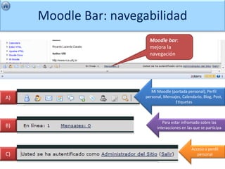 Moodle Bar: navegabilidad
                         Moodle bar:
                         mejora la
                         navegación




                          Mi Moodle (portada personal), Perfil
A)                     personal, Mensajes, Calendario, Blog, Post,
                                      Etiquetas



                                Para estar infromado sobre las
B)                           interacciones en las que se participa



                                                Acceso a perdil
C)                                                 personal
 