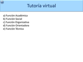 Tutoría virtual
a) Función Académica
b) Función Social
c) Función Organizativa
d) Función Orientadora
e) Función Técnica
 