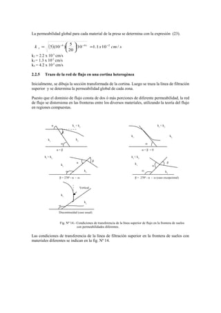 La permeabilidad global para cada material de la presa se determina con la expresión (23).
( ) scmxk /101.110(
20
5
)10(5 2)44
1
−−−
=





=
k2 = 2.2 x 10-3
cm/s
k3 = 1.3 x 10-2
cm/s
k4 = 4.2 x 10-2
cm/s
2.2.5 Trazo de la red de flujo en una cortina heterogènea
Inicialmente, se dibuja la secciòn transformada de la cortina. Luego se traza la lìnea de filtración
superior y se determina la permeabilidad global de cada zona.
Puesto que el dominio de flujo consta de dos ò màs porciones de diferente permeabilidad, la red
de flujo se distorsiona en las fronteras entre los diversos materiales, utilizando la teoría del flujo
en regiones compuestas.
Fig. Nº 14.- Condiciones de transferencia de la lìnea superior de flujo en la frontera de suelos
con permeabilidades diferentes.
Las condiciones de transferencia de la lìnea de filtración superior en la frontera de suelos con
materiales diferentes se indican en la fig. Nº 14.
k1
> k2
k1
ω
β
k2
α k1
< k2
k1
k2
ω
k1
> k2
α
β
ω
k1
k2
k1
< k2
α
β
ω k2
k1
Vertical
ω
k1
k2
α = β α = β = 0
β = 270º - α - ω β = 270º - α - ω (caso excepcional)
Discontinuidad (caso usual)
 