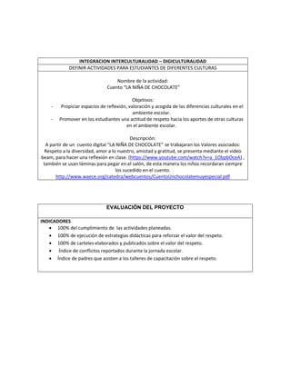 INTEGRACION INTERCULTURALIDAD – DIGICULTURALIDAD
DEFINIR ACTIVIDADES PARA ESTUDIANTES DE DIFERENTES CULTURAS
Nombre de la ...