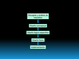 Recogida y análisis derequisitosDiseño conceptualDiseño lógico específicoDiseño físicoImplementación