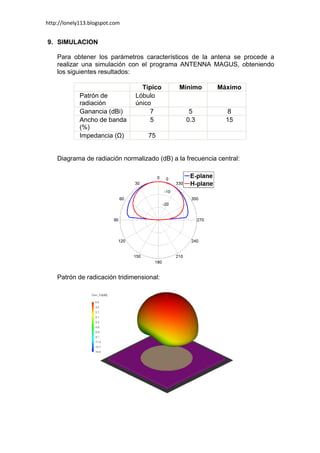 http://lonely113.blogspot.com


9. SIMULACION

    Para obtener los parámetros característicos de la antena se procede a
    realizar una simulación con el programa ANTENNA MAGUS, obteniendo
    los siguientes resultados:

                                  Típico      Mínimo       Máximo
             Patrón de          Lóbulo
             radiación          único
             Ganancia (dBi)          7           5            8
             Ancho de banda          5          0.3           15
             (%)
             Impedancia (Ω)        75


    Diagrama de radiación normalizado (dB) a la frecuencia central:




    Patrón de radicación tridimensional:
 