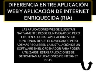 LAS APLICACIONES WEB SE EJECUTAN
NATIVAMENTE DESDE EL NAVEGADOR. PERO
  EXISTEN ALGUNAS APLICACIONES QUE
 FUNCIONAN DESDE EL NAVEGADOR PERO
ADEMÁS REQUIEREN LA INSTALACIÓN DE UN
SOFTWARE EN EL ORDENADOR PARA PODER
   UTILIZARSE. ESTAS APLICACIONES SE
 DENOMINAN APLICACIONES DE INTERNET
                 RICAS.
 