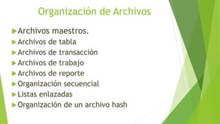 Organización de Archivos
Archivos maestros.
Archivos de tabla
Archivos de transacción
Archivos de trabajo
Archivos de reporte
Organización secuencial
Listas enlazadas
Organización de un archivo hash
 