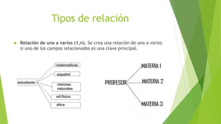 Tipos de relación
 Relación de uno a varios (1,n). Se crea una relación de uno a varios
si uno de los campos relacionados es una clave principal.
 