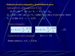 - Hallando tirantes conjugados y profundidad de poza
Aplicando la Ec. de Energía entre  y :
Zr + P + He = (Zr - r) + Y1 + V1² / 2g + h0-1
Zr + 3.60 + 2.99 = (Zr - r) + Y1 + (2089.712 /(( 168 y 1)² (2x 9.81)) + 0.019
Y1 + (7.886 / Y1²) - r = 6.571 …. (1)
Tirantes conjugados:
g
YV2
4
Y
2/Y-Y 1
2
11
12  … (2)
Condición de resalto sumergido: Yn + r > Y2
Dando valores a r , si Y n = 3.22 m
1
1
12
Y
54.31
4
Y
2/Y-Y 
 