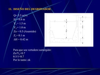 11. DISEÑO DEL DESRIPIADOR
Q= 5.5 m3/s
H = 0.8 m
Y1 = 1.5 m
Y2 = 1.0 m
Zo = 0.5 (Asumido)
Z1= 0.1 m
∆H = 0.42 m
Para que sea vertedero sumergido:
Zo/Y2<0.7
0.5/1<0.7
Por lo tanto: ok
 