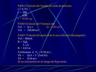 PASO 5:Cálculo del Tiempo de caída de partícula:
t = h /Vs
t = 300
6,00
t = 50.00 seg
PASO 6:Cálculo del Volumen útil:
Vol = Q x t Q = 5,00 m3/s
Vol = 250,00 m3
PASO 7:Cálculo del ancho B de la nave (Sección Rectangular):
Vol. = BxhxL
B = Vol.
L x h
B = 4.63 m
Verificamos si Vh = 0.30 m/s :
Vh = Q/A = 5 / (3x4.63)
Vh = 0,36 m/s
Si se encuentra en el rango de flujo lento.
 